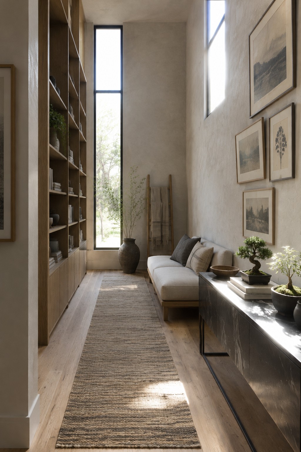 A narrow living room with a tall wooden bookcase, a small sofa, a long rug, and a dark console beneath framed artwork.