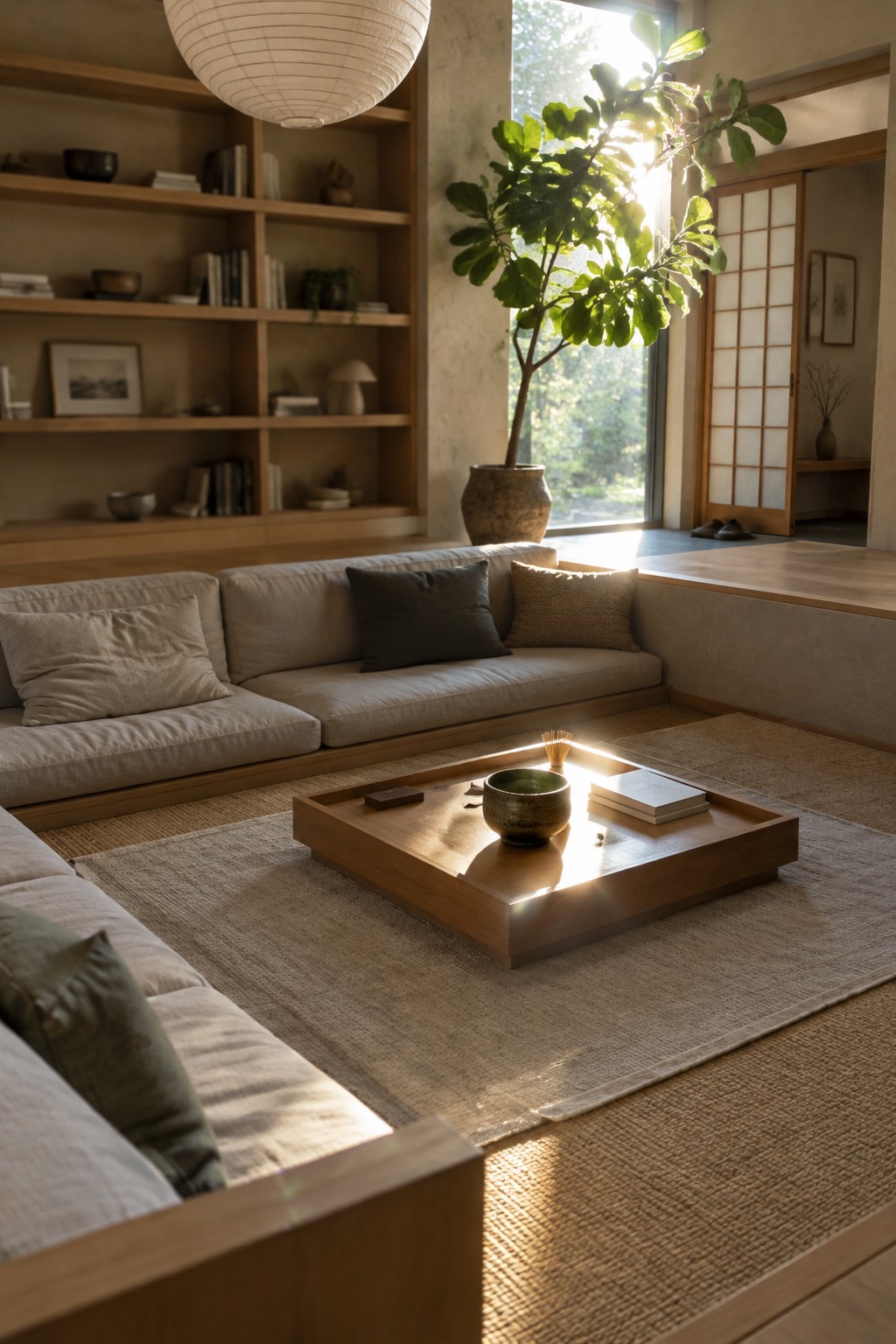A low beige sectional surrounds a wooden coffee table in a Japandi living room with built-in shelves and a potted tree.