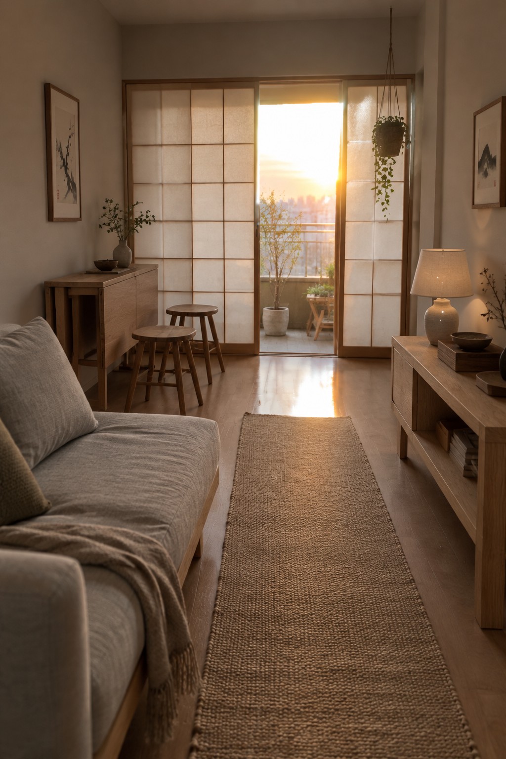 A narrow living room with a gray sofa, wooden furniture, a woven runner, and sliding shoji-style panels opening onto a balcony.
