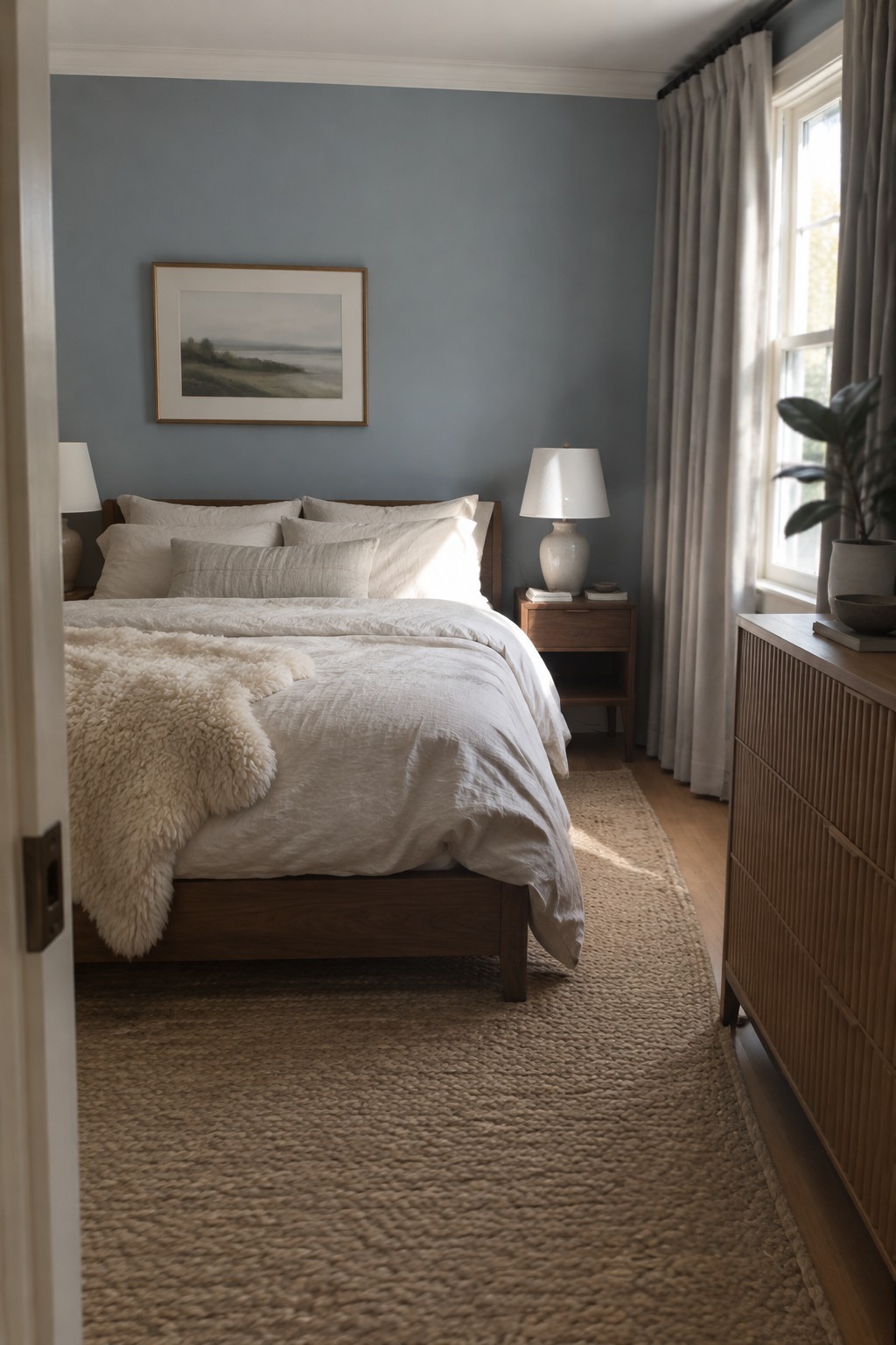 Muted blue-gray bedroom walls behind a dark walnut bed.