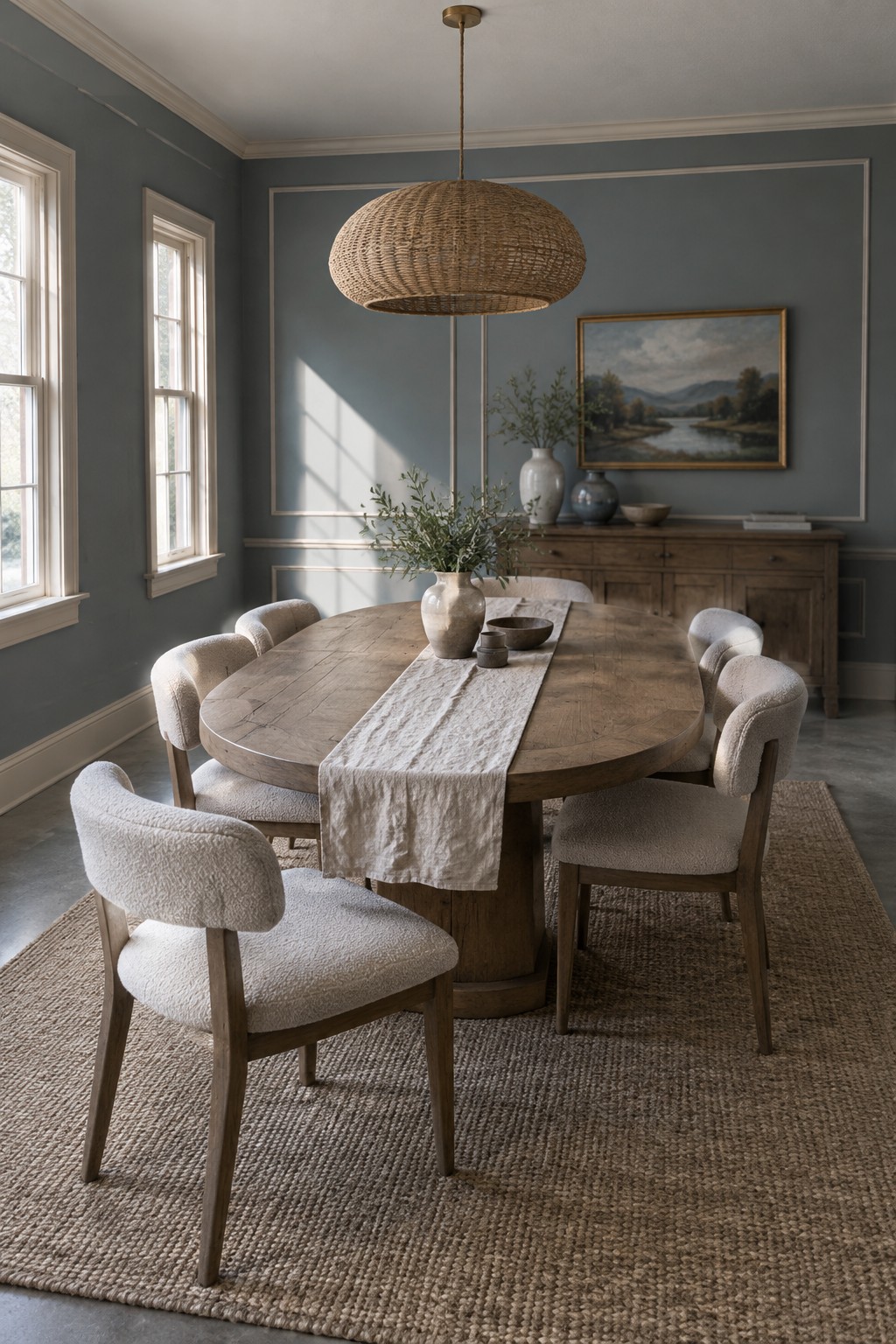 A dining room with muted blue-gray walls, cream trim, and a wooden table.