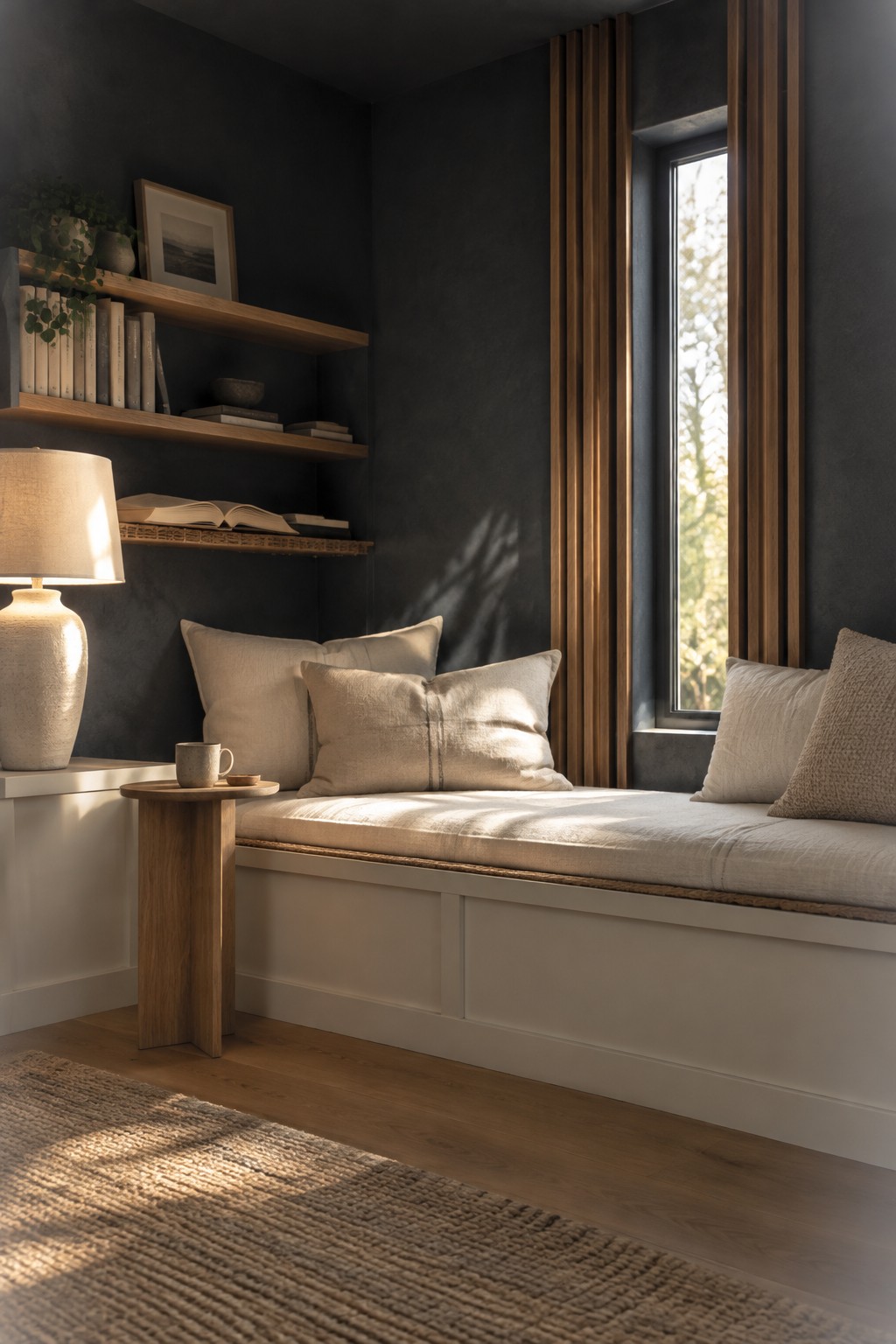 Charcoal-painted walls frame a built-in reading nook with warm wood flooring.