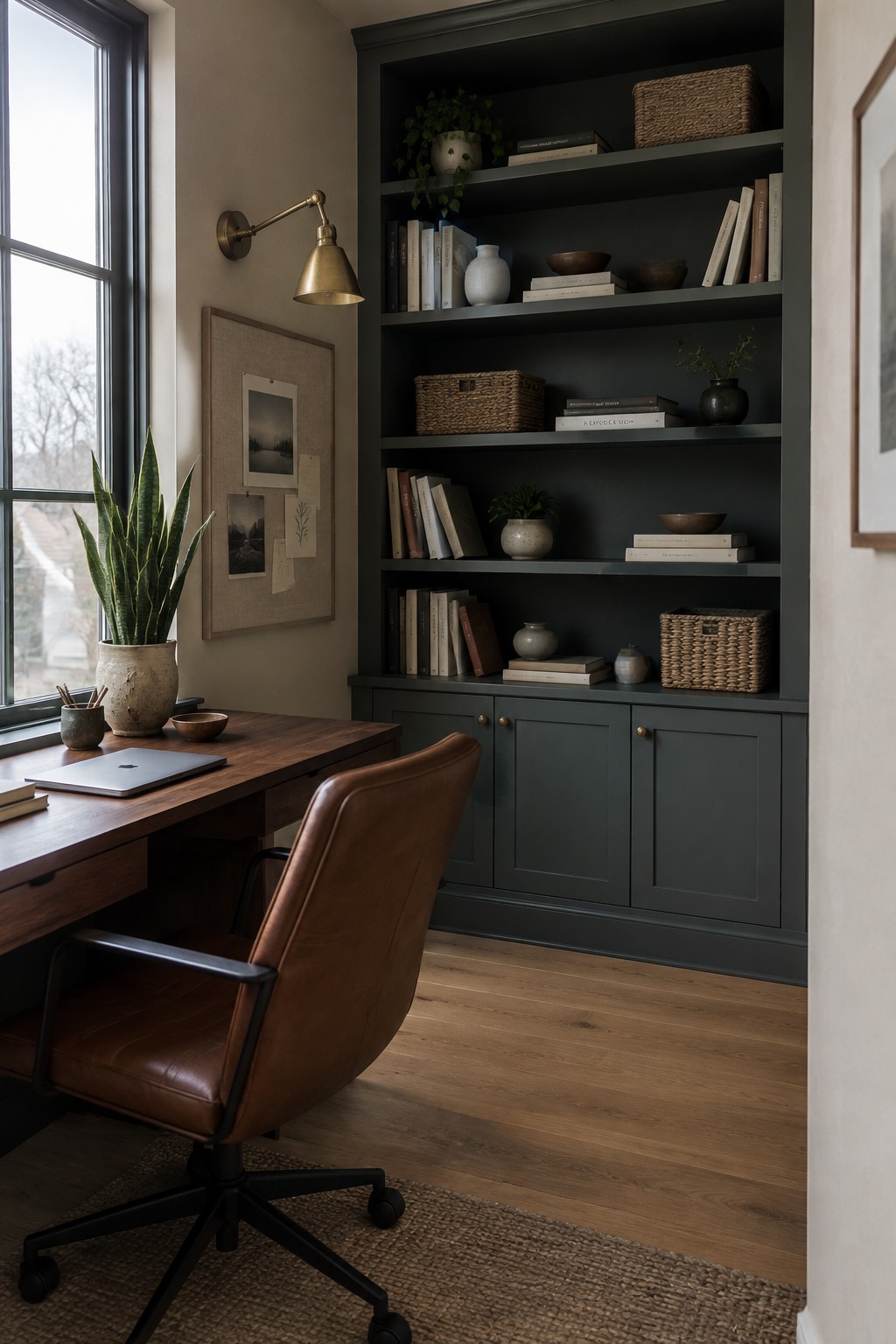 Deep green built-in shelves and lower cabinets in a home office with warm wood flooring.