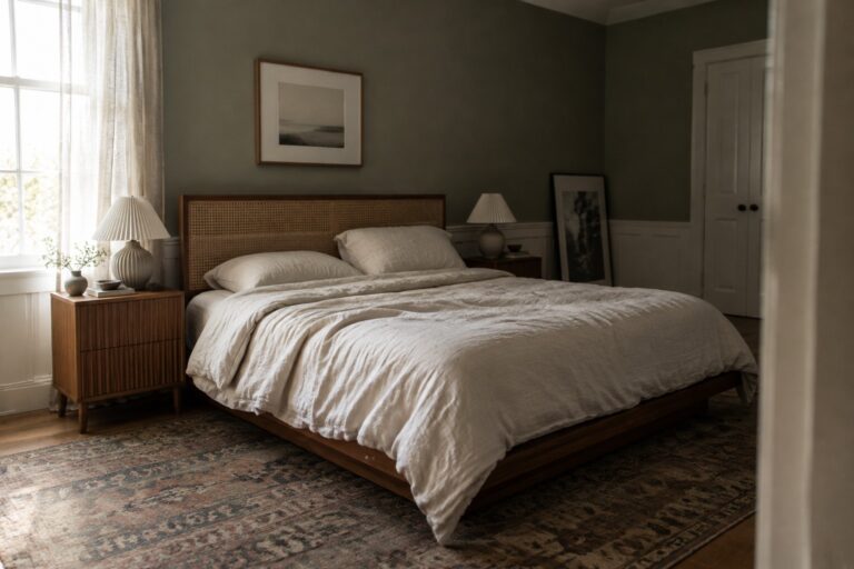 Muted gray-green bedroom walls above white trim, paired with warm wood flooring and a woven wood headboard.