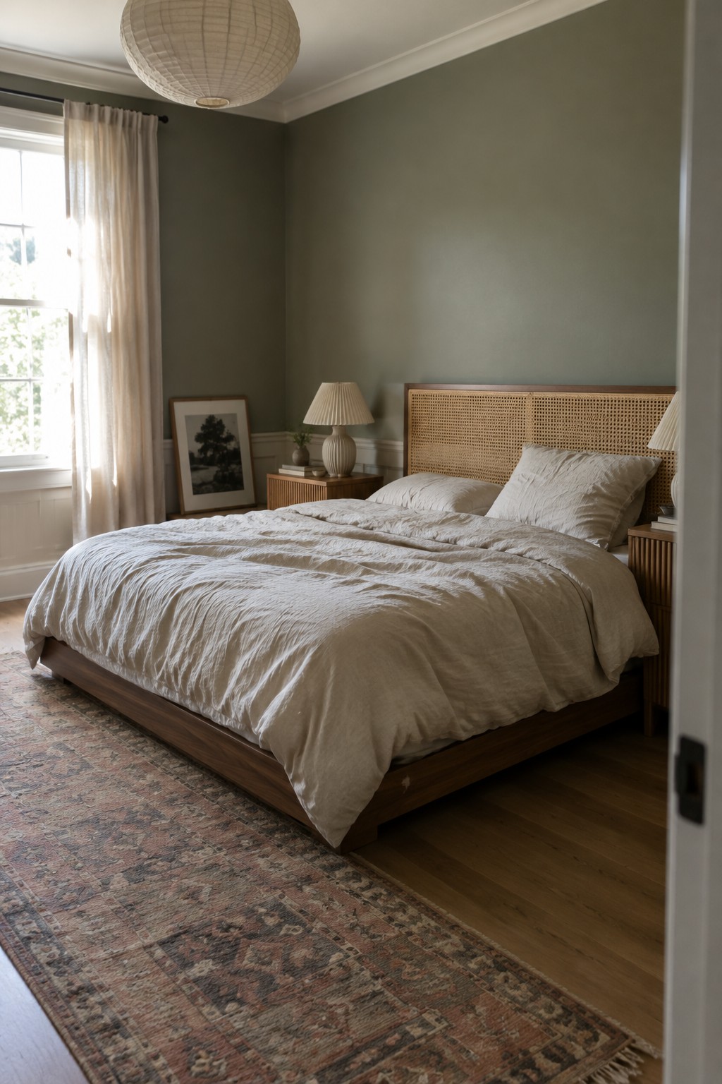 Muted gray-green bedroom walls above white trim, paired with warm wood flooring and a woven wood headboard.