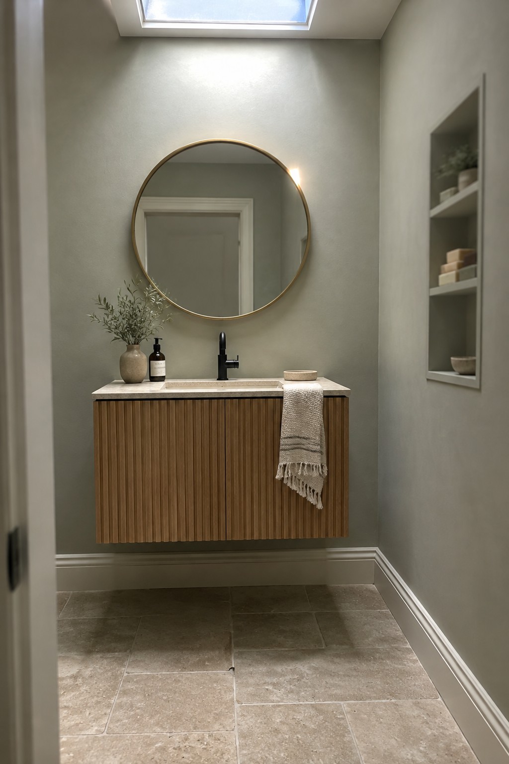 Muted sage green bathroom walls above a slatted oak vanity.