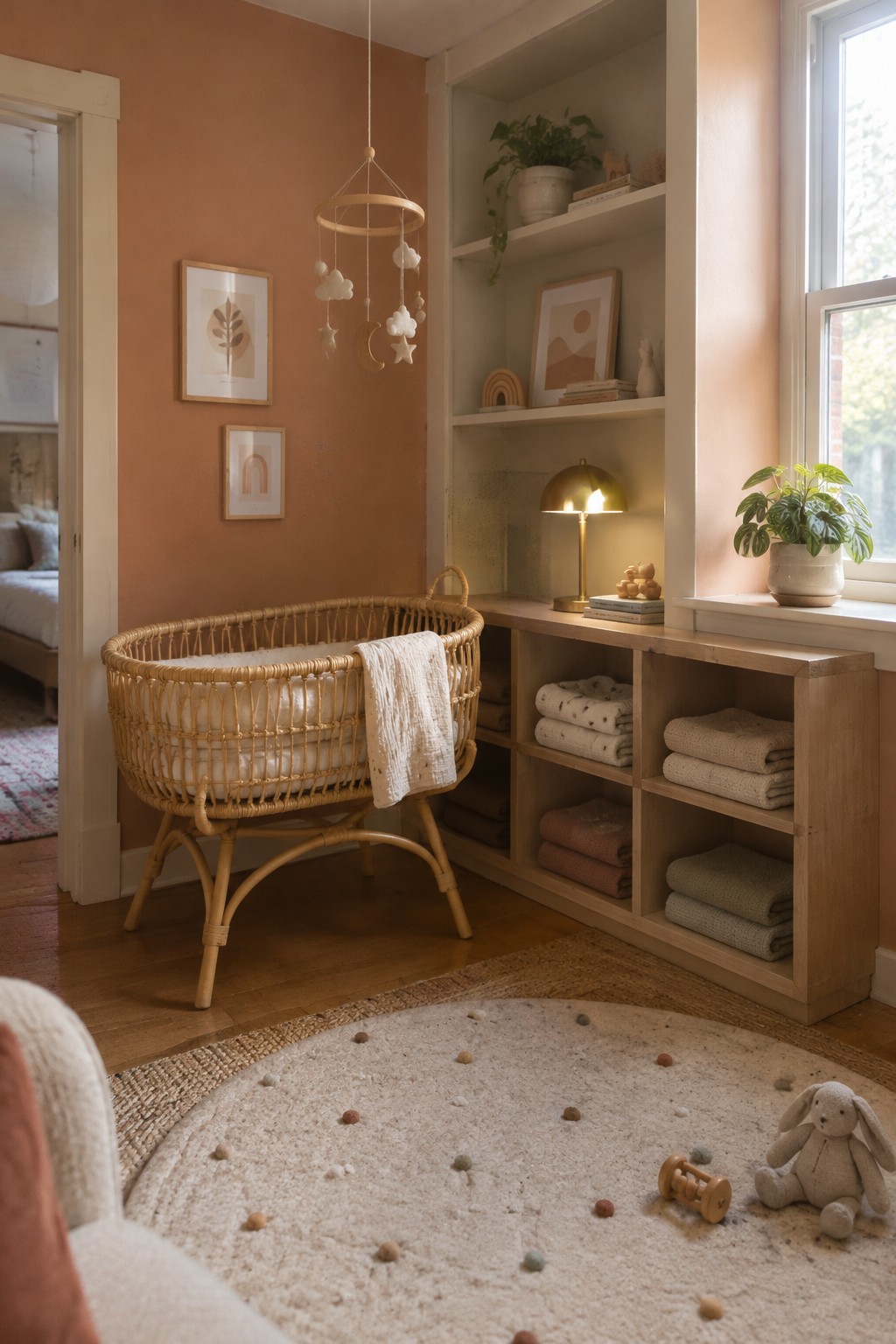 Muted terracotta walls in a nursery beside cream built-in shelving and pale wood.