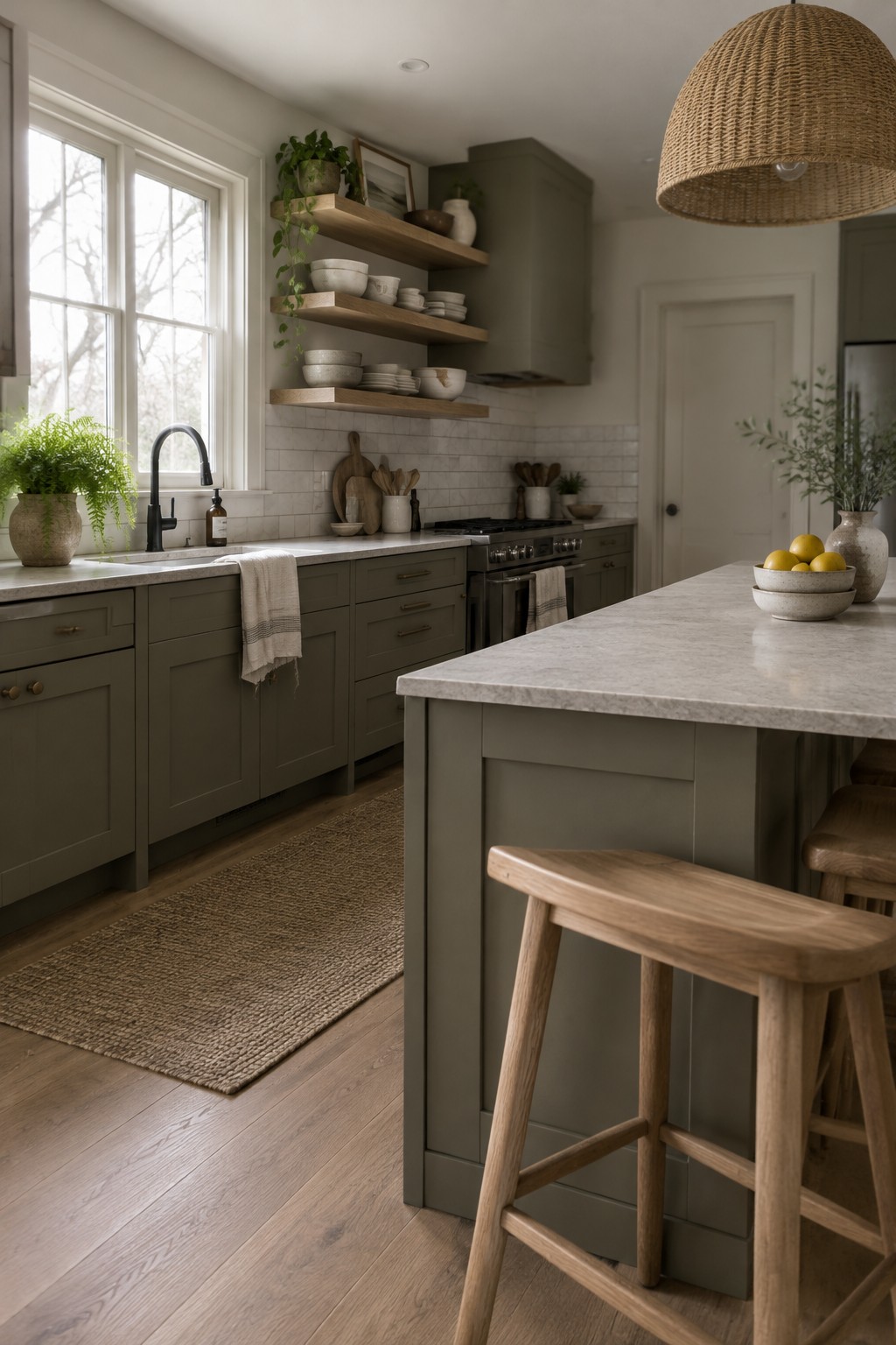Olive green kitchen cabinets with pale marble counters and white tile.
