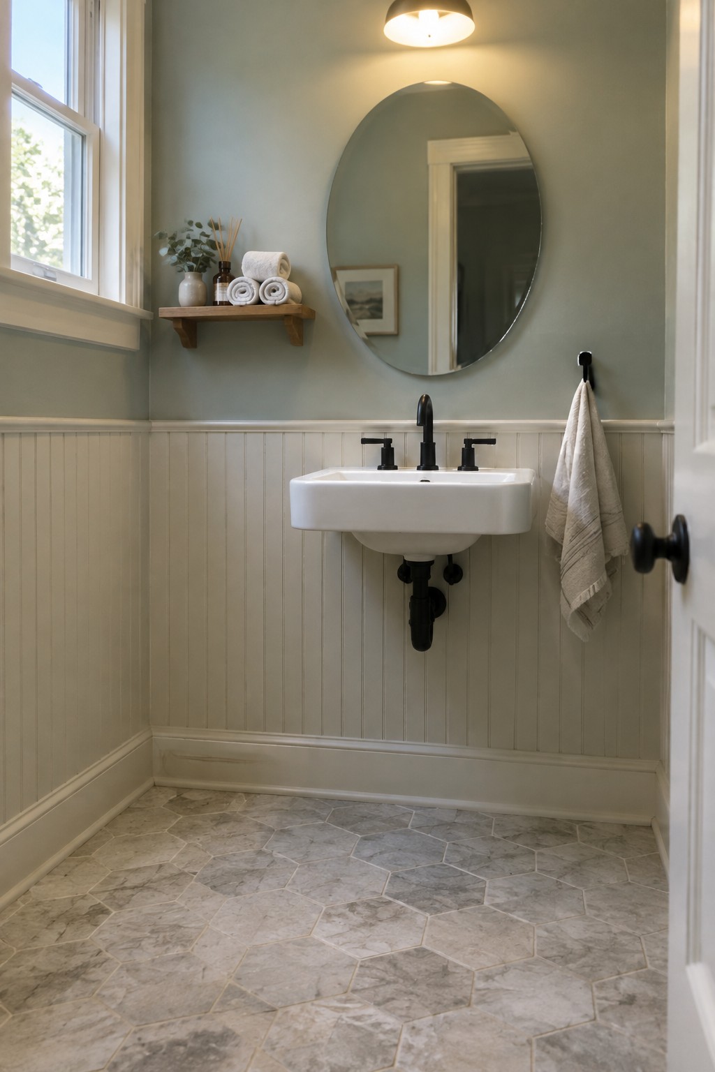 Muted sage green bathroom walls above white wainscoting.