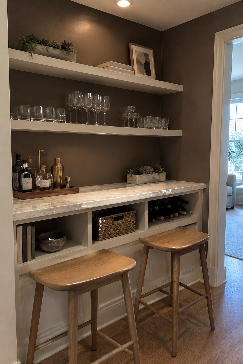 A built-in home bar with warm charcoal walls, white shelves, and a pale marble counter.