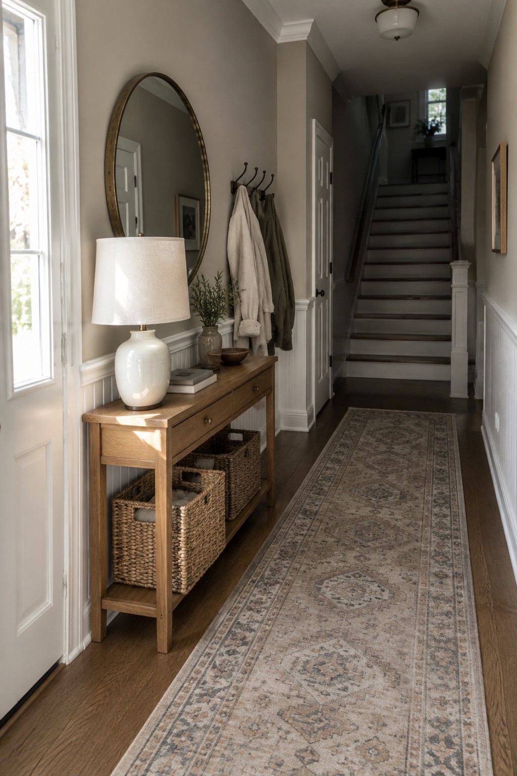 Warm greige hallway walls above white wainscoting beside a dark wood floor.
