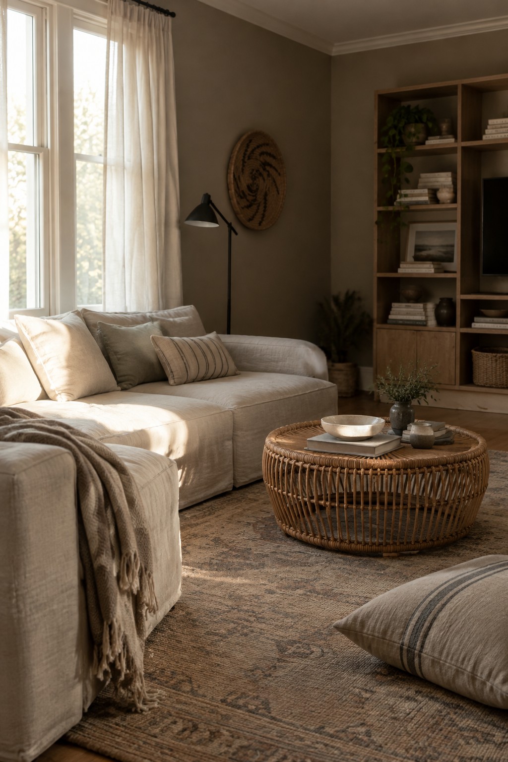 Warm greige walls in a living room with cream sofas and natural wood furniture.