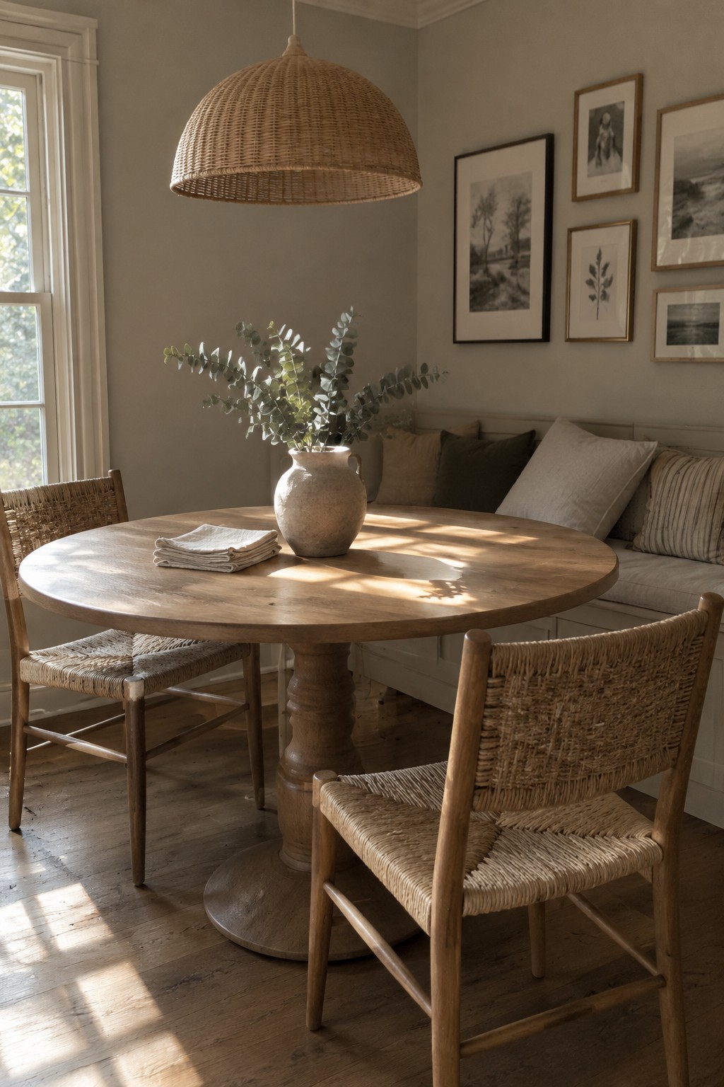 Warm greige walls in a dining nook with a honey-toned wood table and woven chairs.