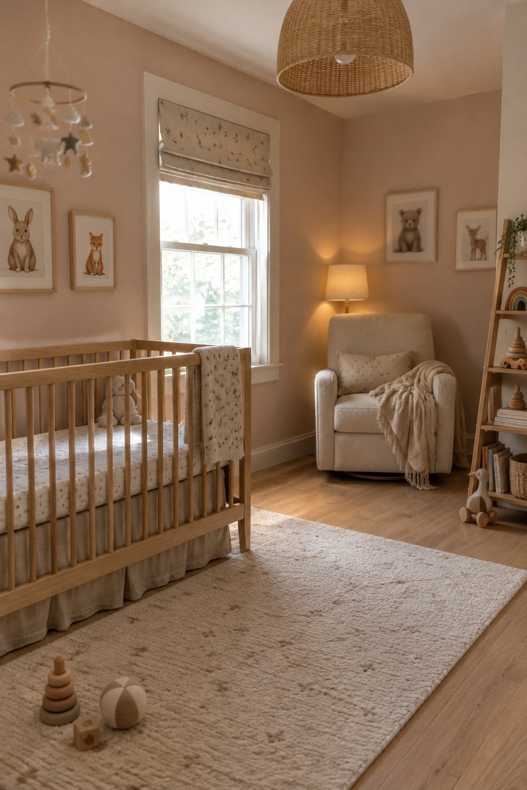 Warm greige nursery walls with white trim and a natural wood crib.
