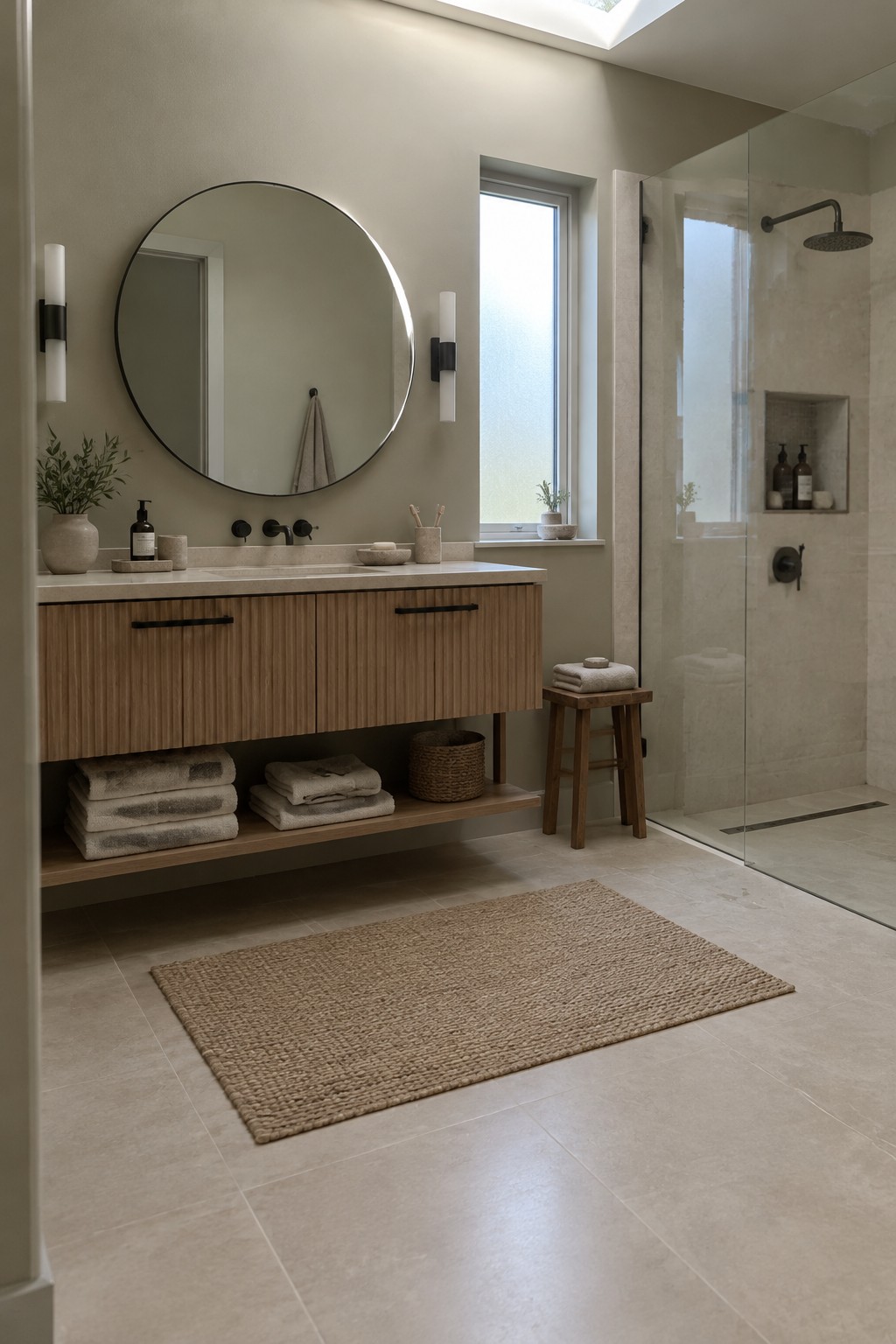 Warm greige bathroom walls beside pale stone tile and a light wood vanity.