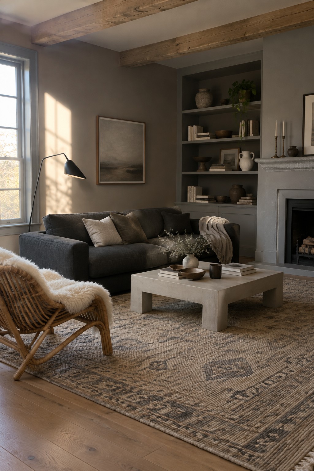 Warm greige living room walls beside rustic wood ceiling beams.