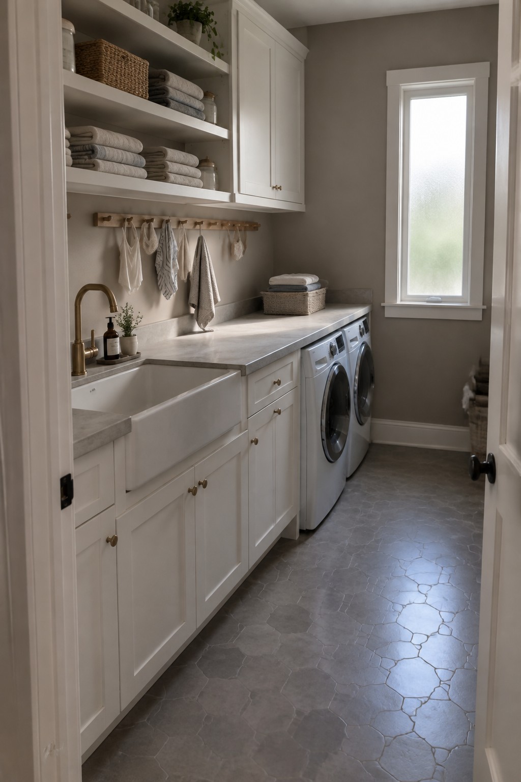 Warm greige walls beside white cabinets in a laundry room.