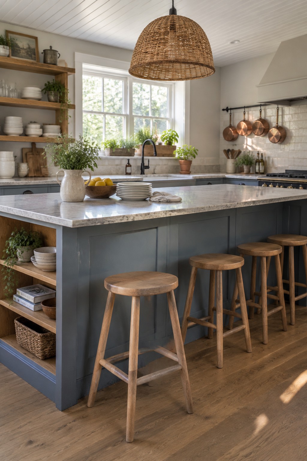 Blue-gray kitchen island cabinets with a pale marble countertop in a bright kitchen.