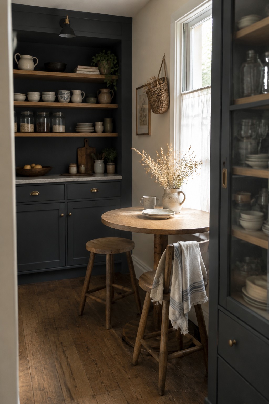 Deep charcoal built-ins with oak shelves beside a small wooden table in a kitchen nook.