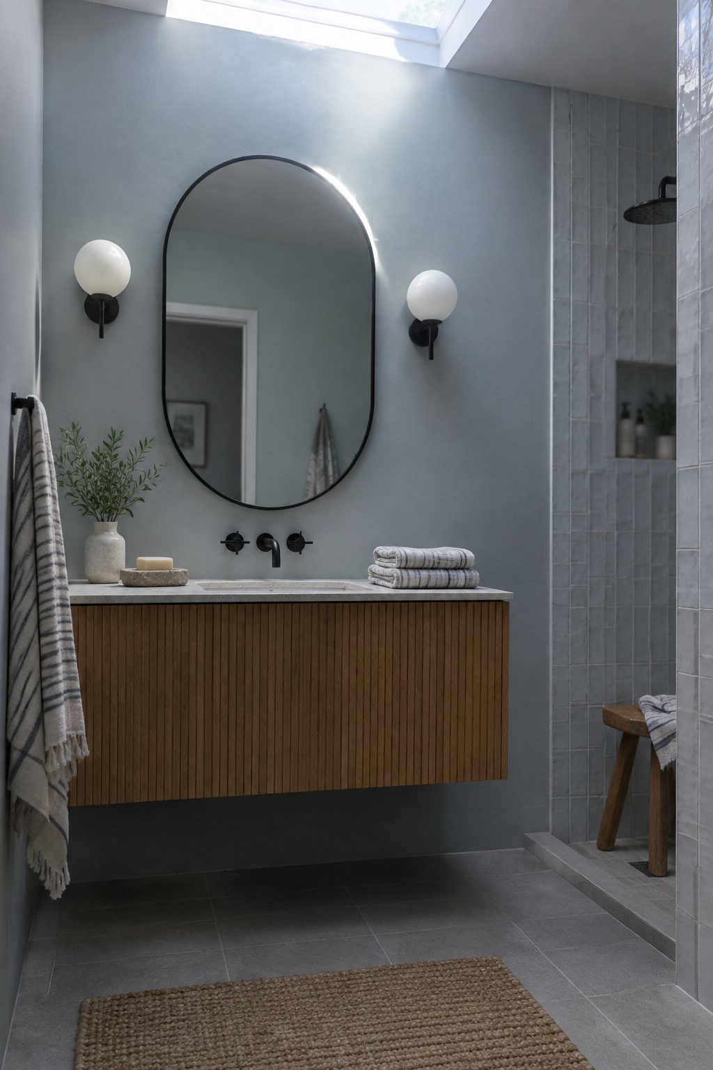 A blue-gray bathroom wall sits above a slatted oak vanity beside a tiled shower.