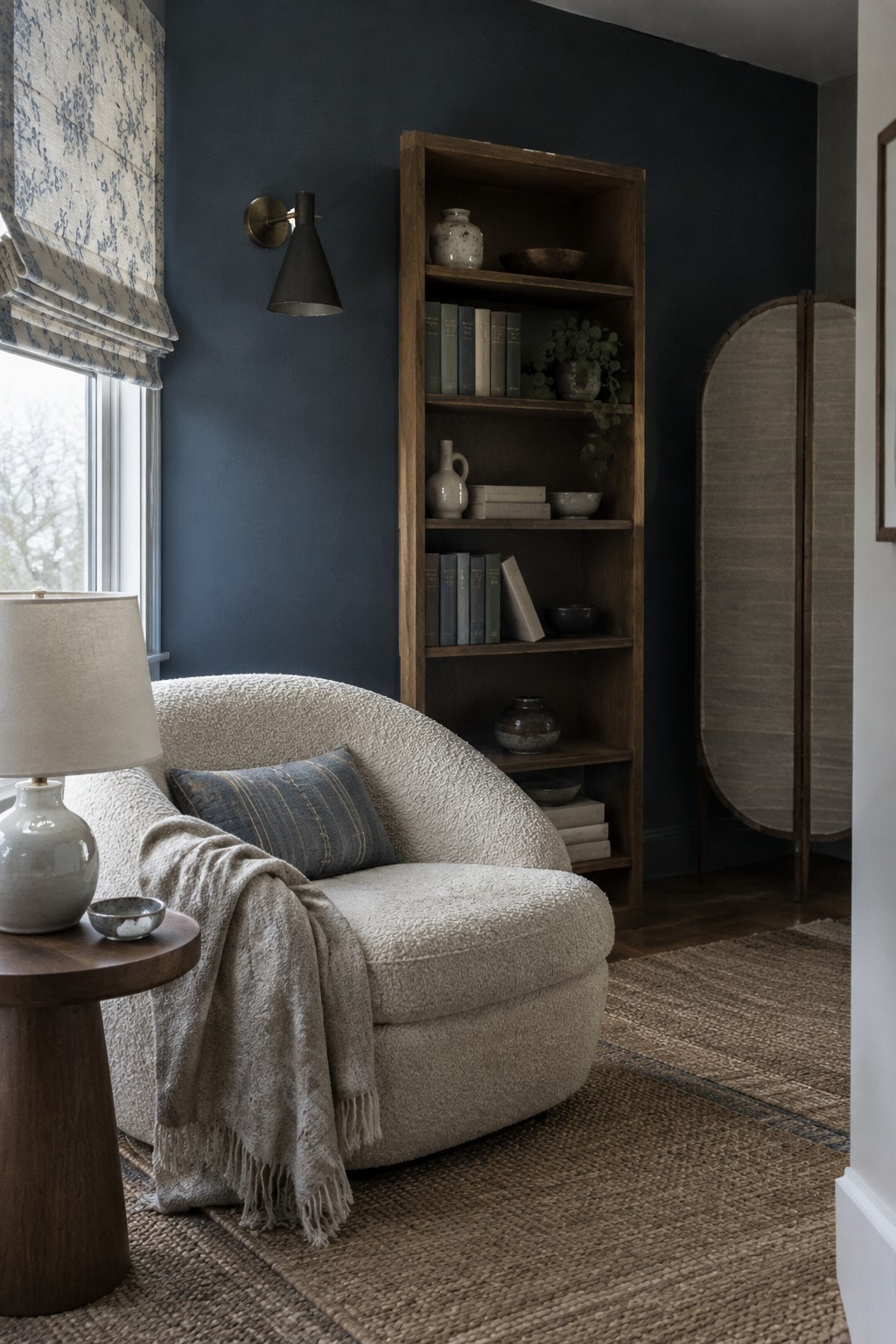 Deep blue-gray walls behind a dark wood bookcase in a reading room.
