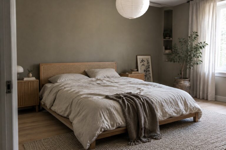 20 Japanese and Scandinavian Color Combinations for Balanced Japandi Interiors Muted olive-green bedroom walls behind a natural wood bed.
