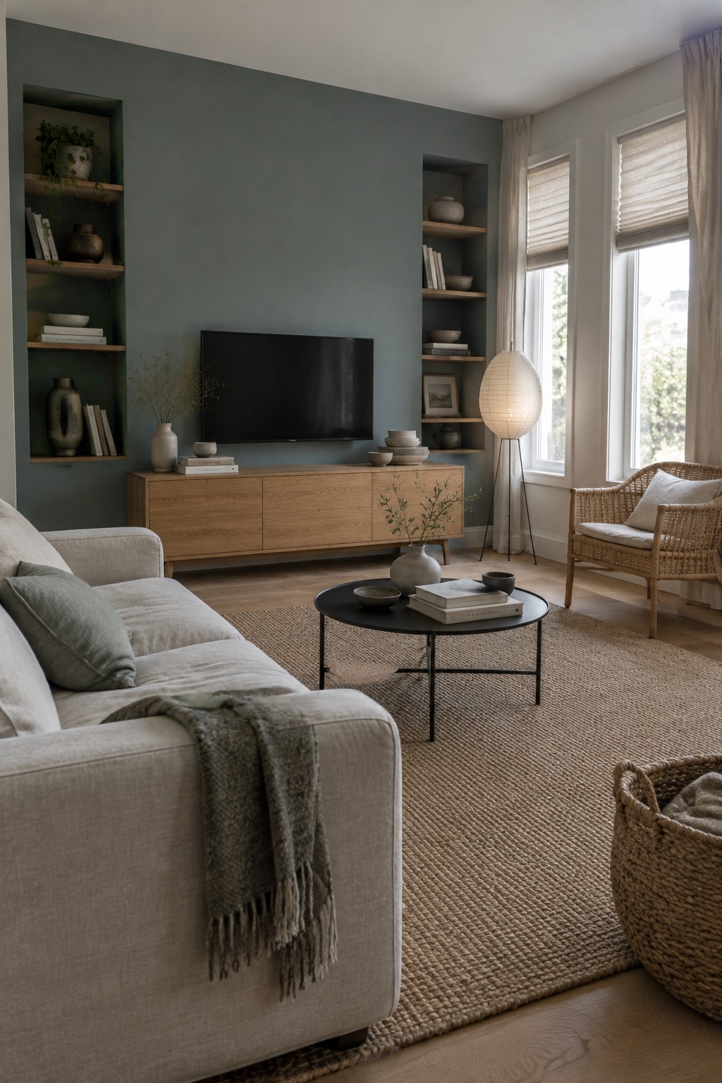 Muted blue-green paint covers the living room wall behind a warm oak media cabinet.