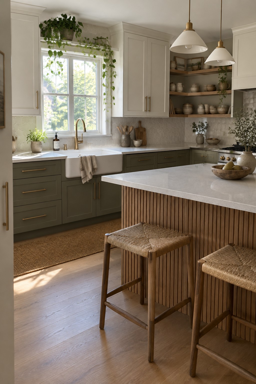 Muted green kitchen cabinets paired with a warm wood island and white tile.