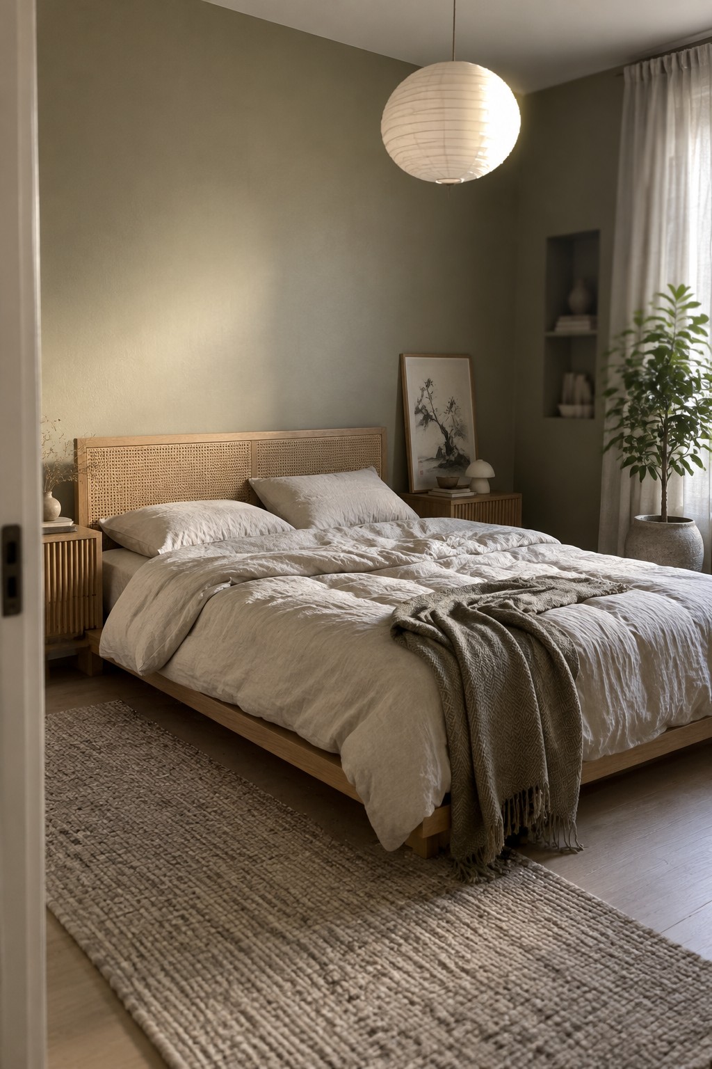 Muted olive-green bedroom walls behind a natural wood bed.