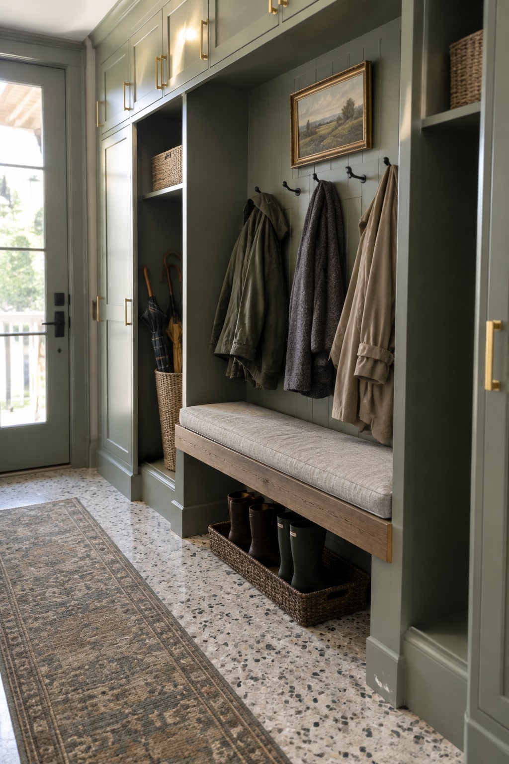 Muted sage paint covers the mudroom walls and built-ins around a wood bench.
