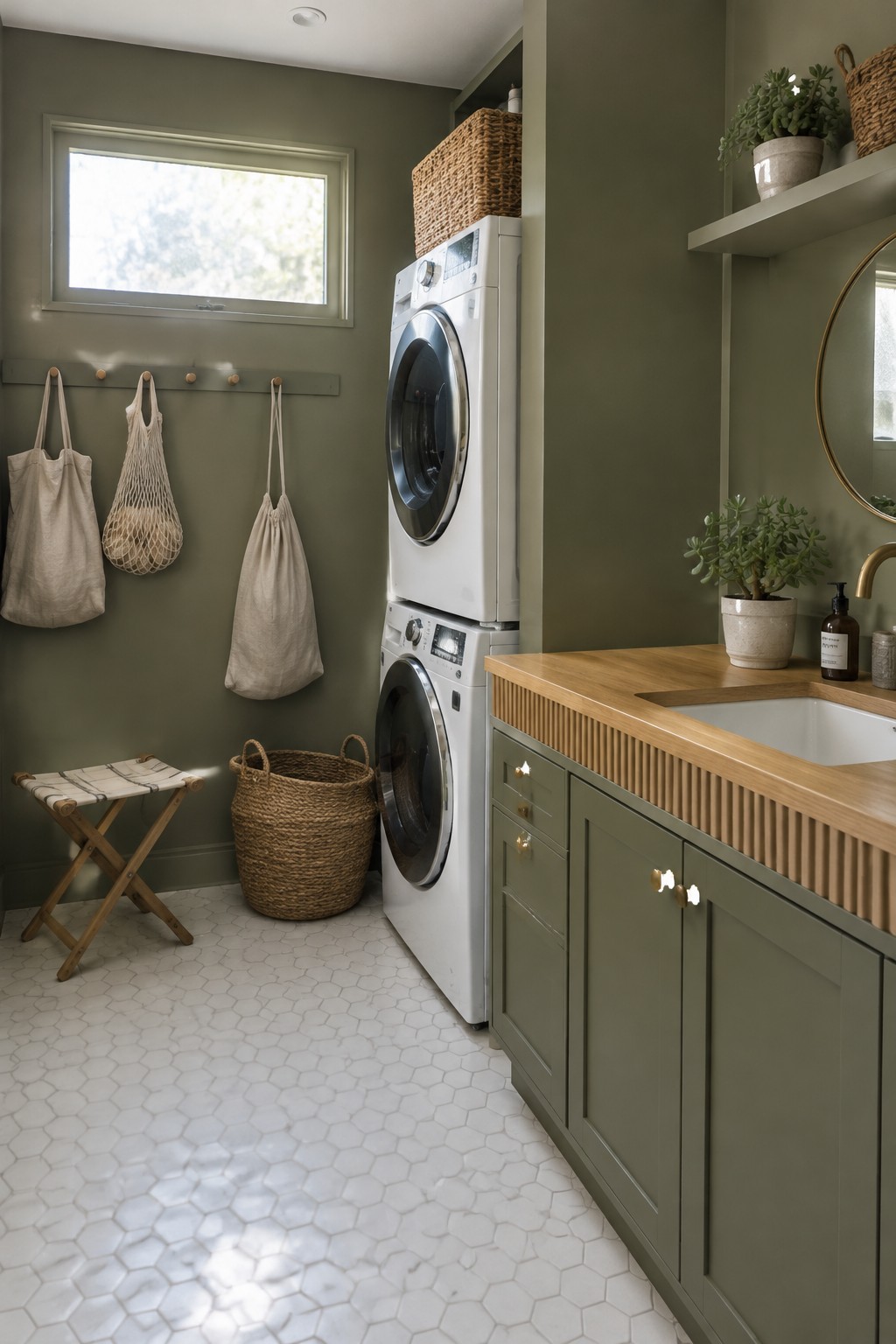 Muted sage green walls in a laundry room with a warm oak vanity counter.