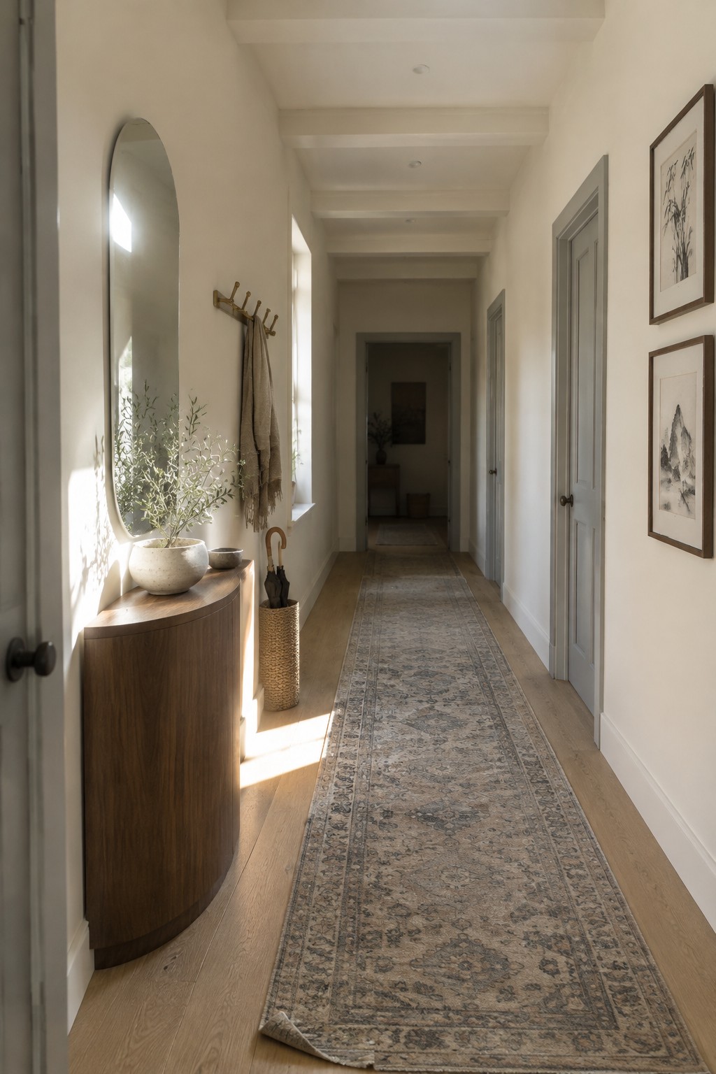 Warm greige hallway walls beside a wood floor and curved wooden console.