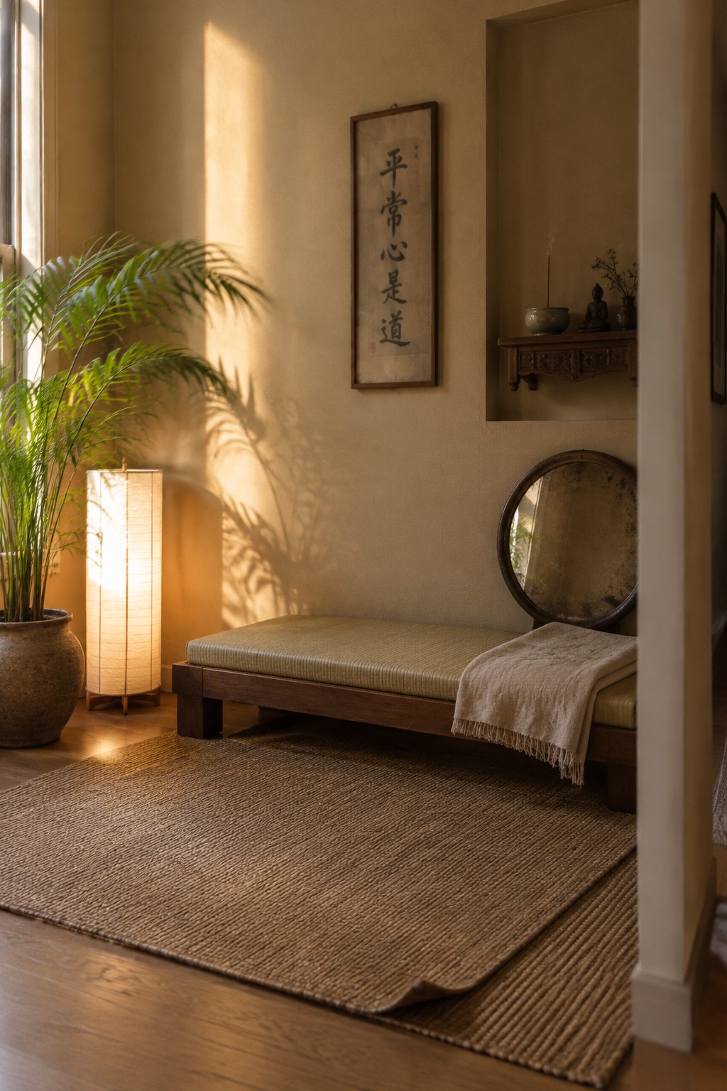 Warm sand-colored walls in a Japandi sitting room with a dark wood bench.