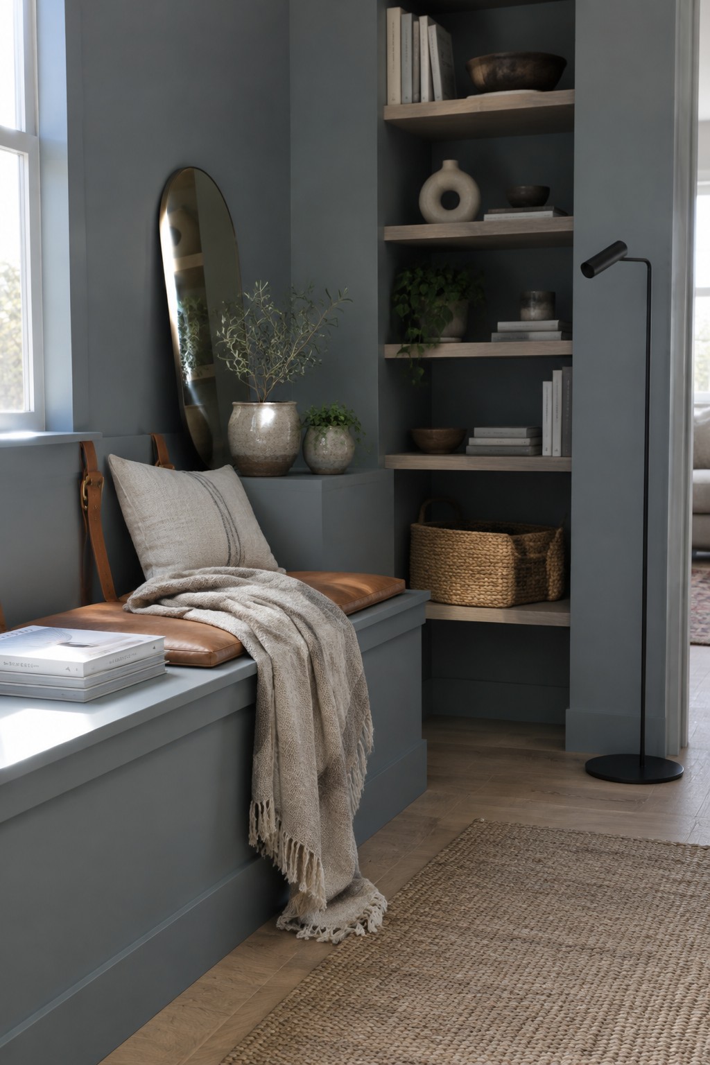Muted blue-gray paint covers the walls and built-in shelves around a window-side reading nook.