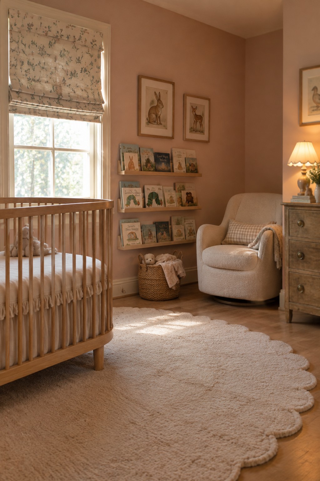 Dusty peach-beige walls in a nursery with a light oak crib.