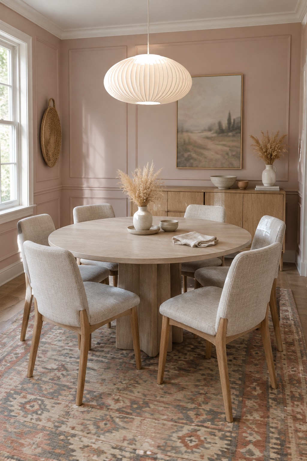 Dusty rose dining room walls with light oak furniture and cream upholstered chairs.