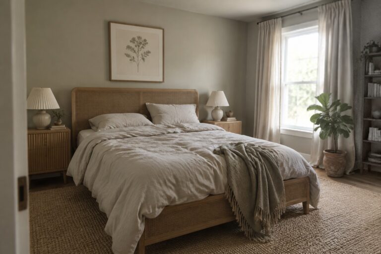 Muted sage-green bedroom walls beside a woven wood headboard.