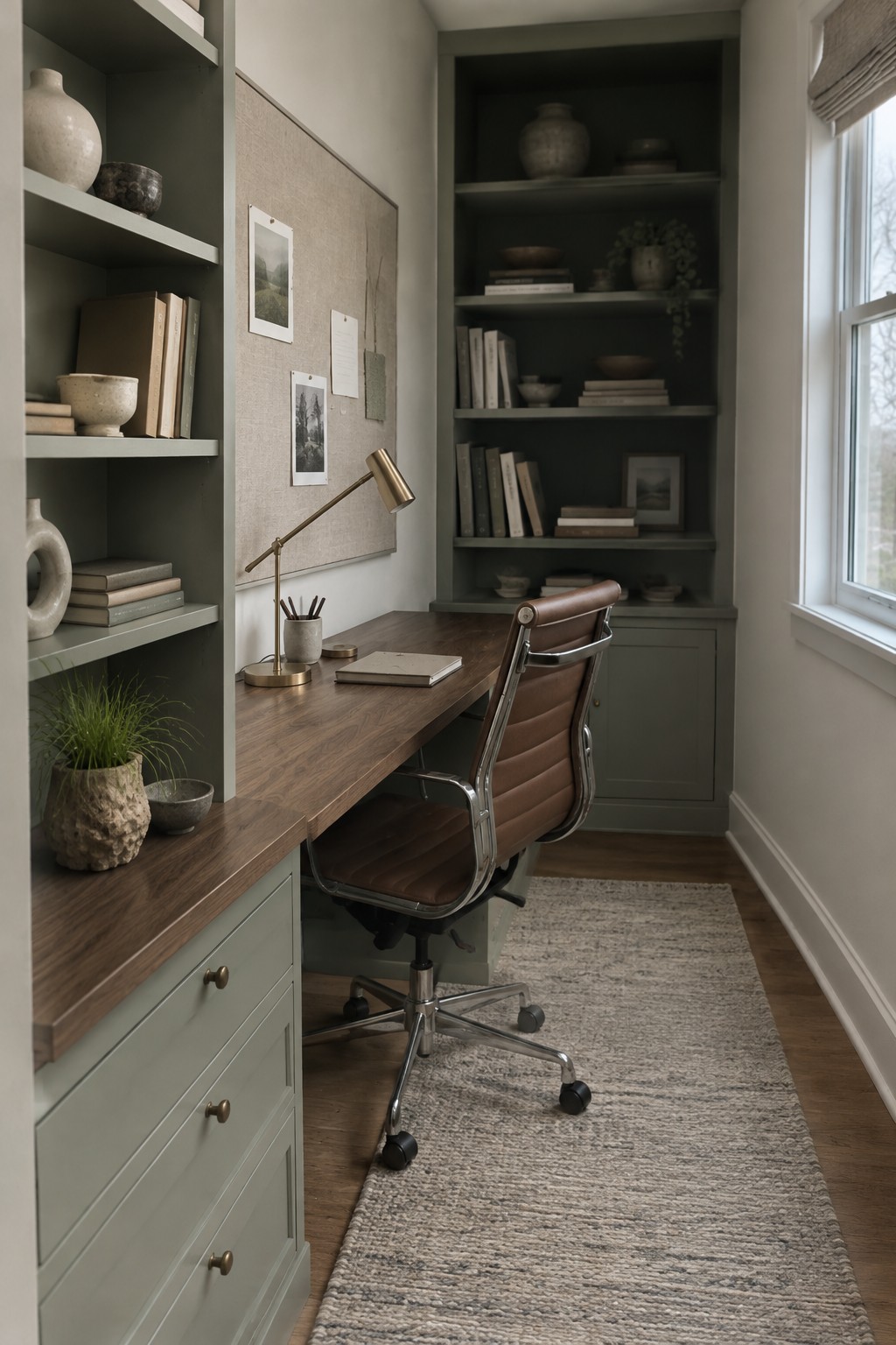 Muted gray-green built-in shelves and desk beside a dark wood desktop in a narrow home office.