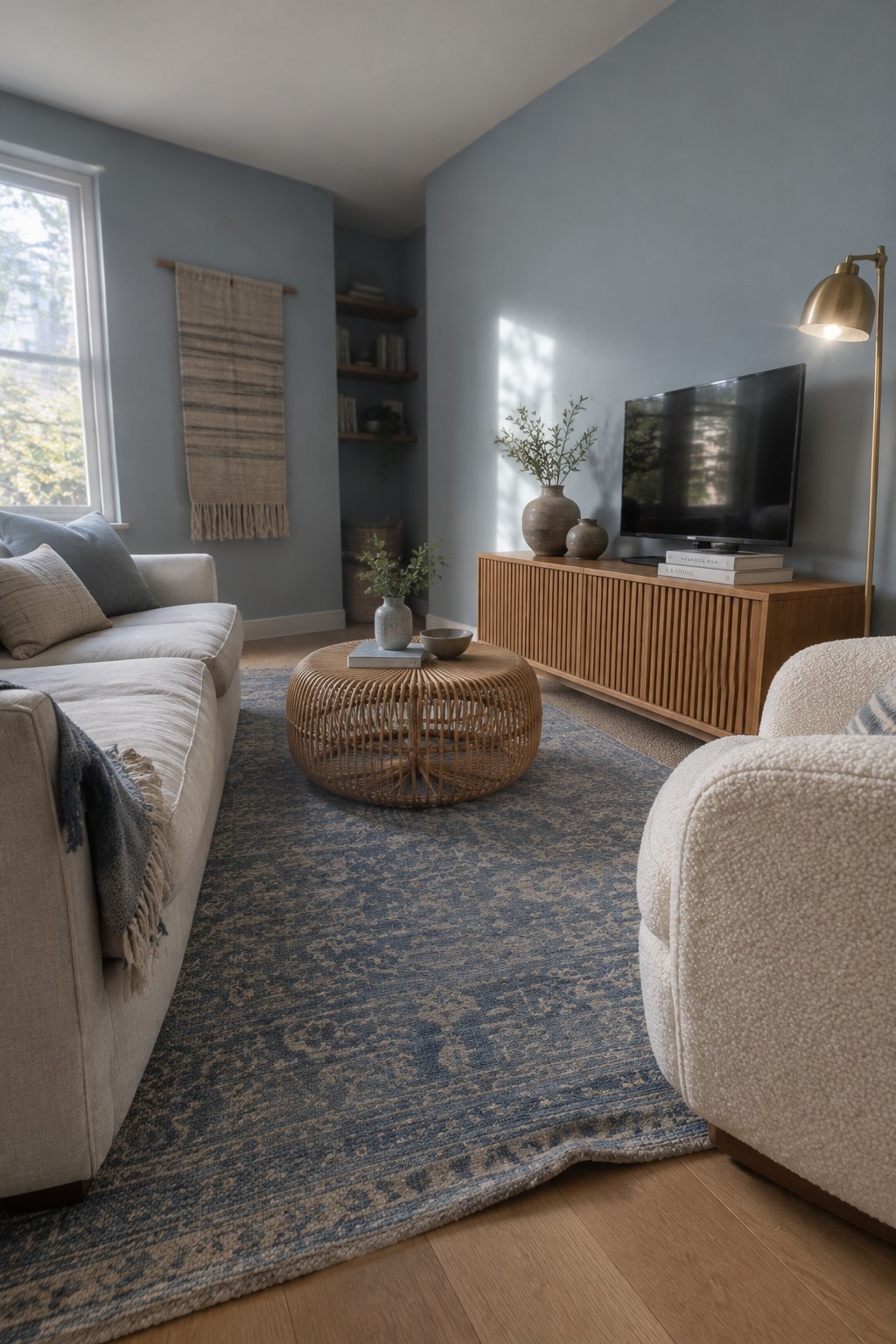 Muted blue-gray living room walls paired with warm wood flooring and a wood media console.