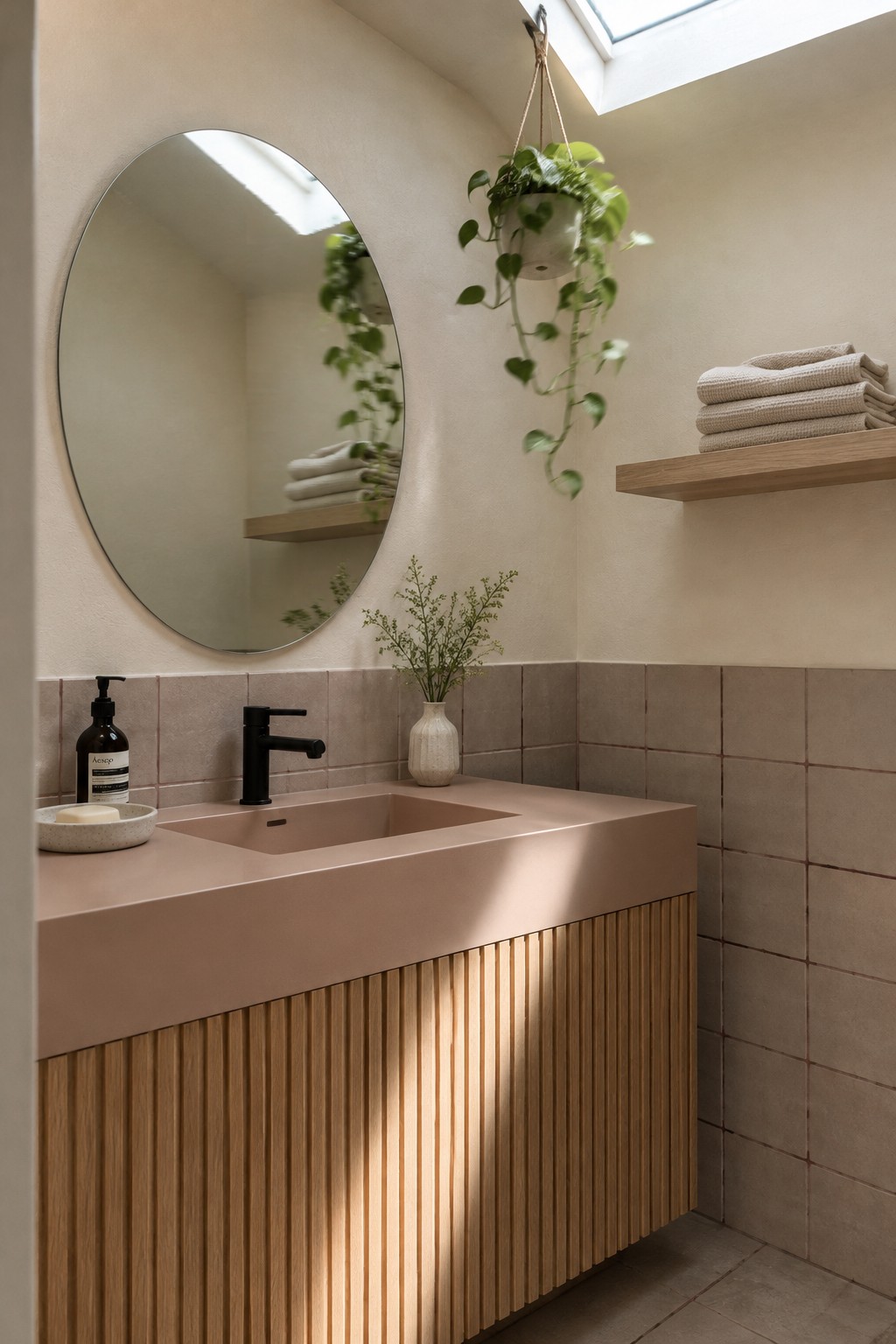 Muted blush paint on a bathroom vanity beside warm pink-beige tile.