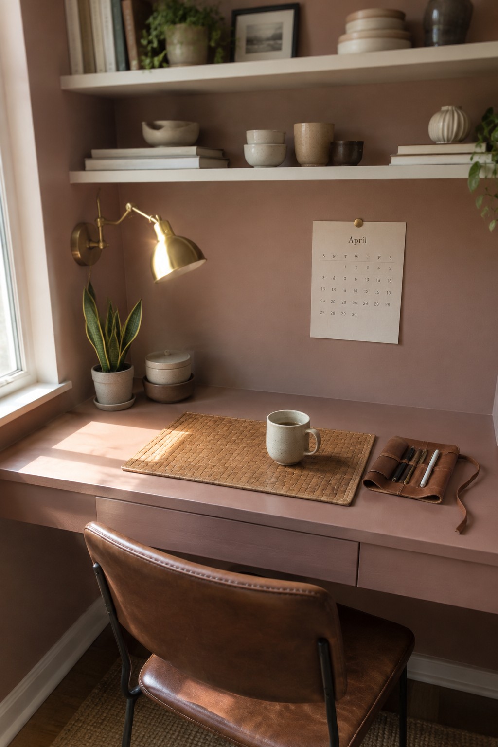 Muted mauve walls in a small home office with a warm leather chair.