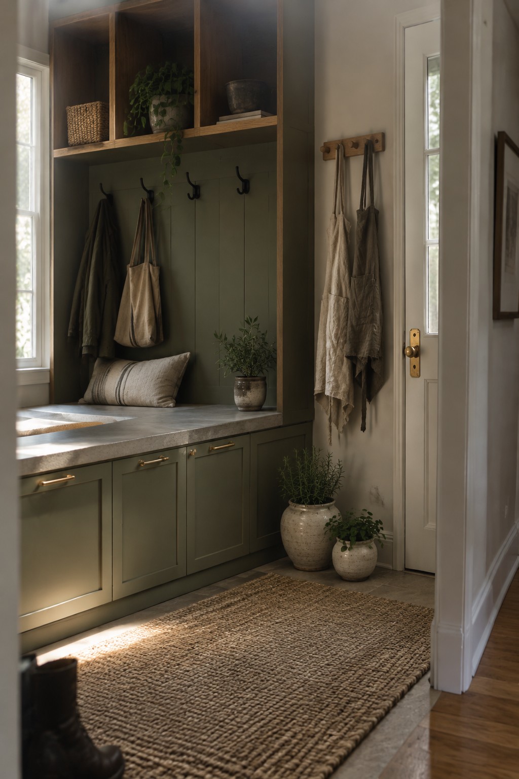 Muted olive-green built-in cabinets and wall paneling in a bright entryway with warm wood shelves.