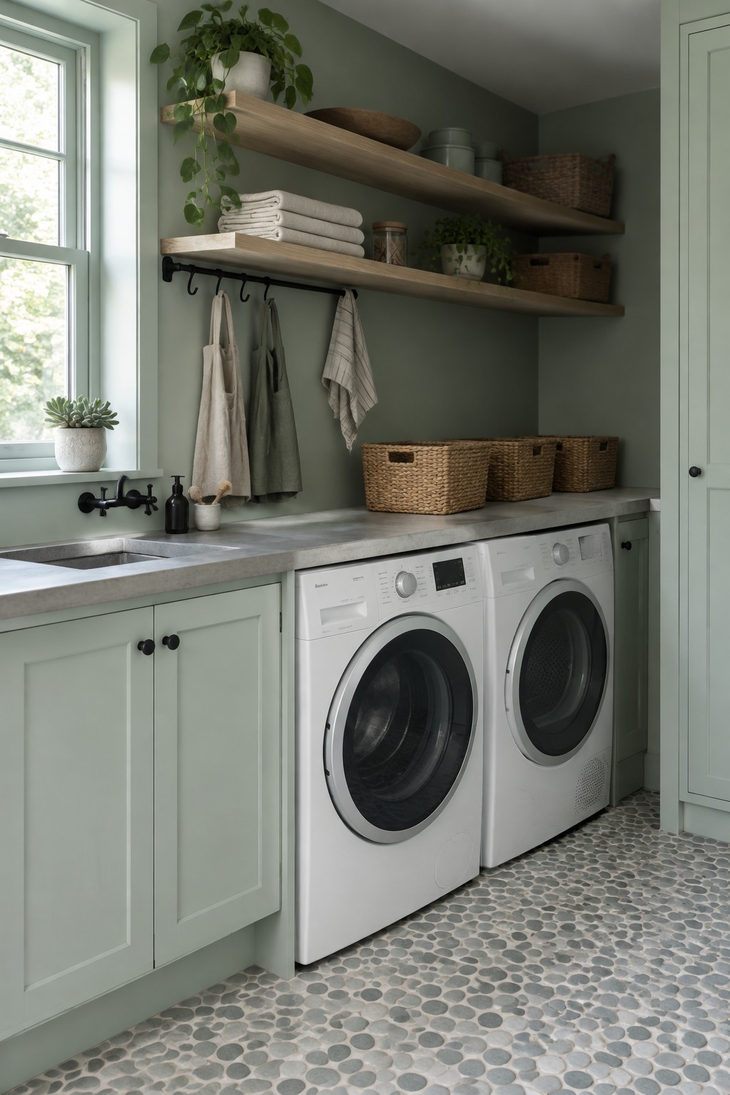 Muted sage cabinets and walls in a laundry room with a pale stone counter and wood shelves.