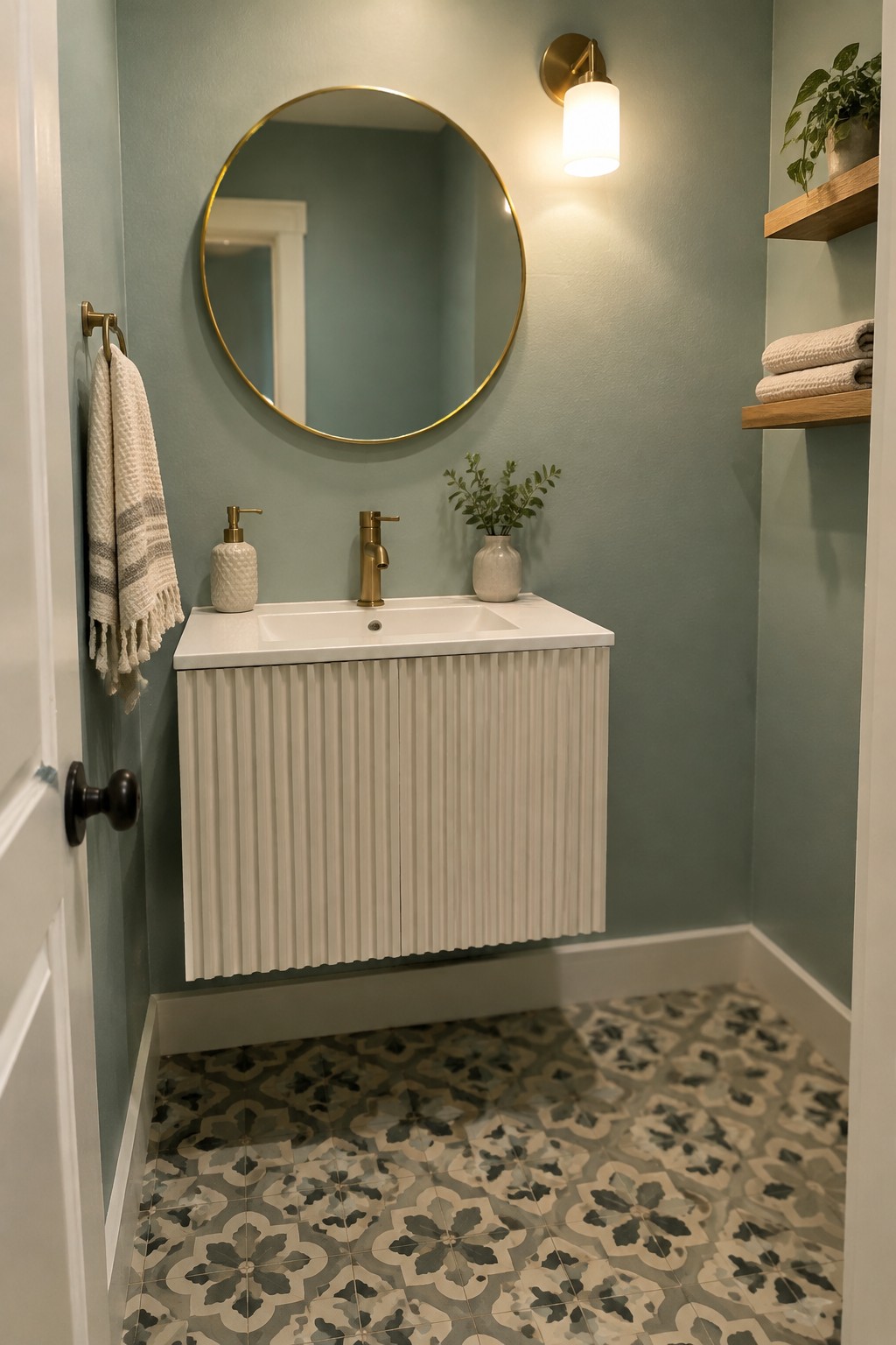 Muted sage bathroom walls above patterned tile with a white vanity.