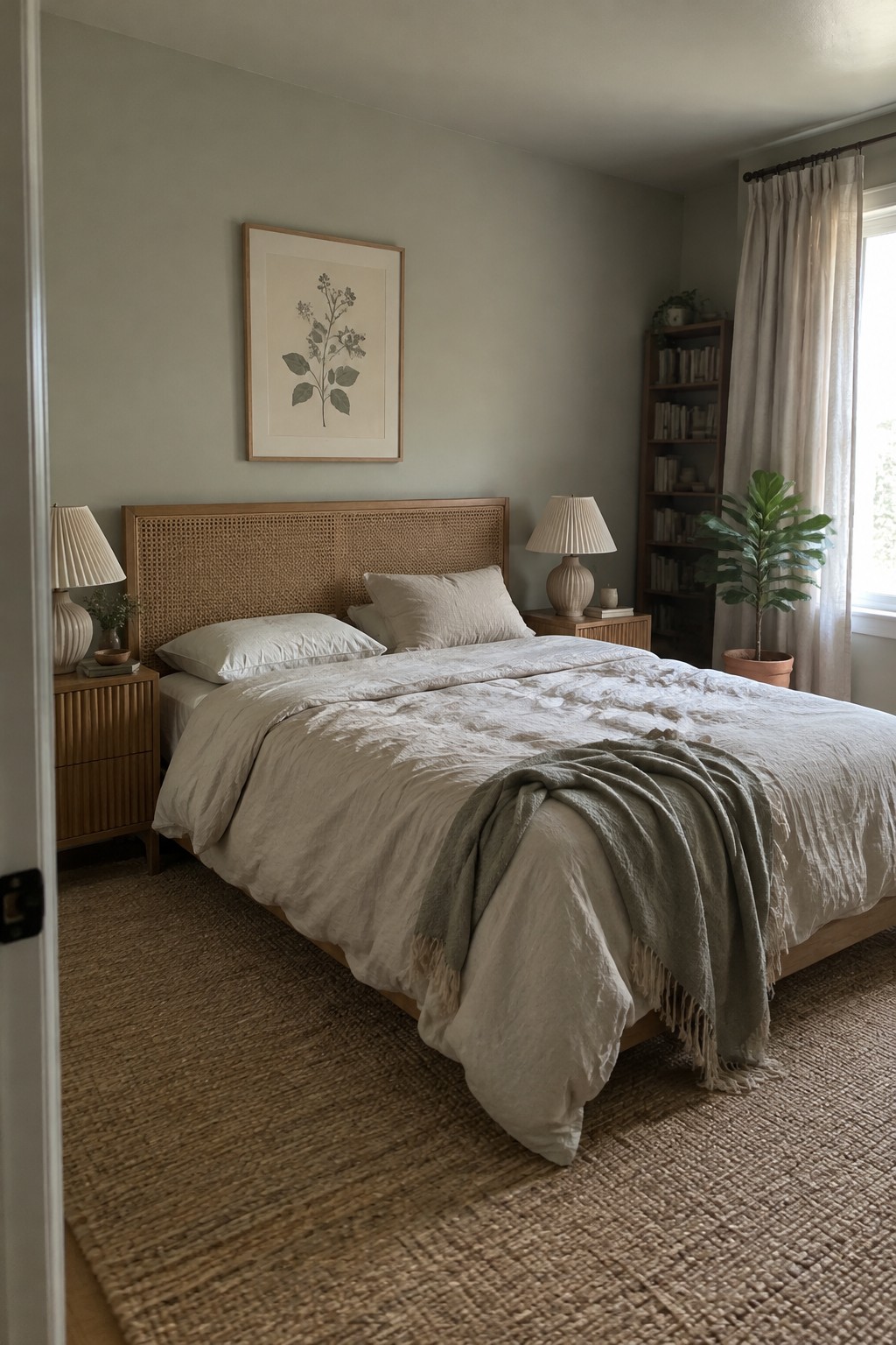 Muted sage-green bedroom walls beside a woven wood headboard.