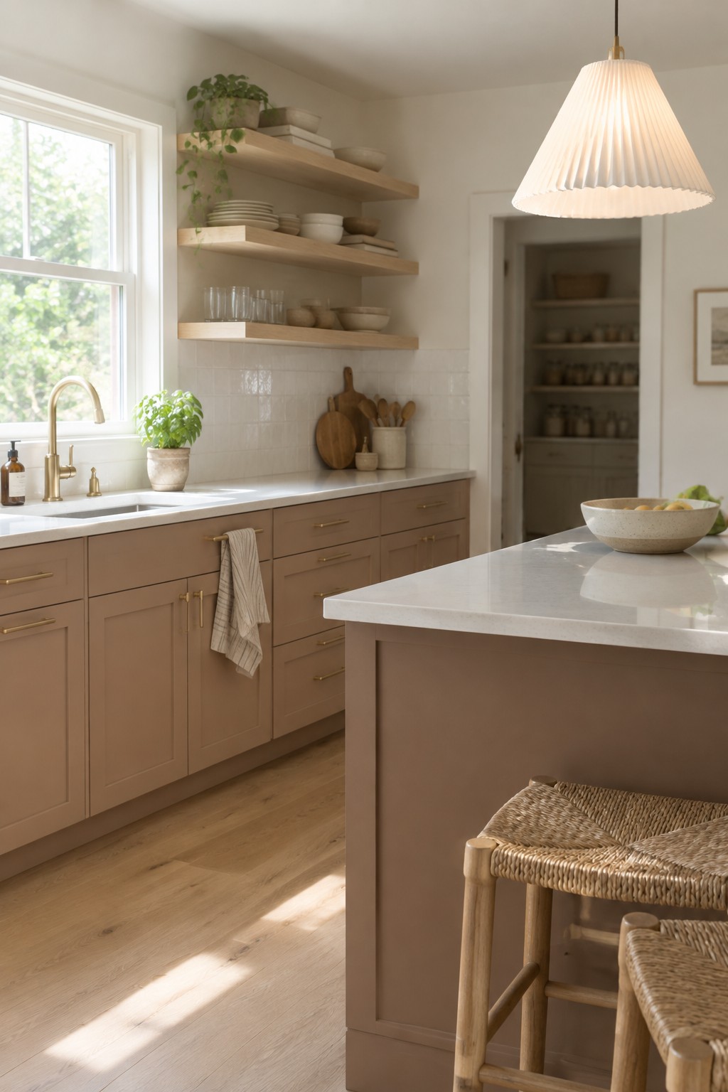 Muted taupe kitchen cabinets paired with warm oak shelves and pale counters.