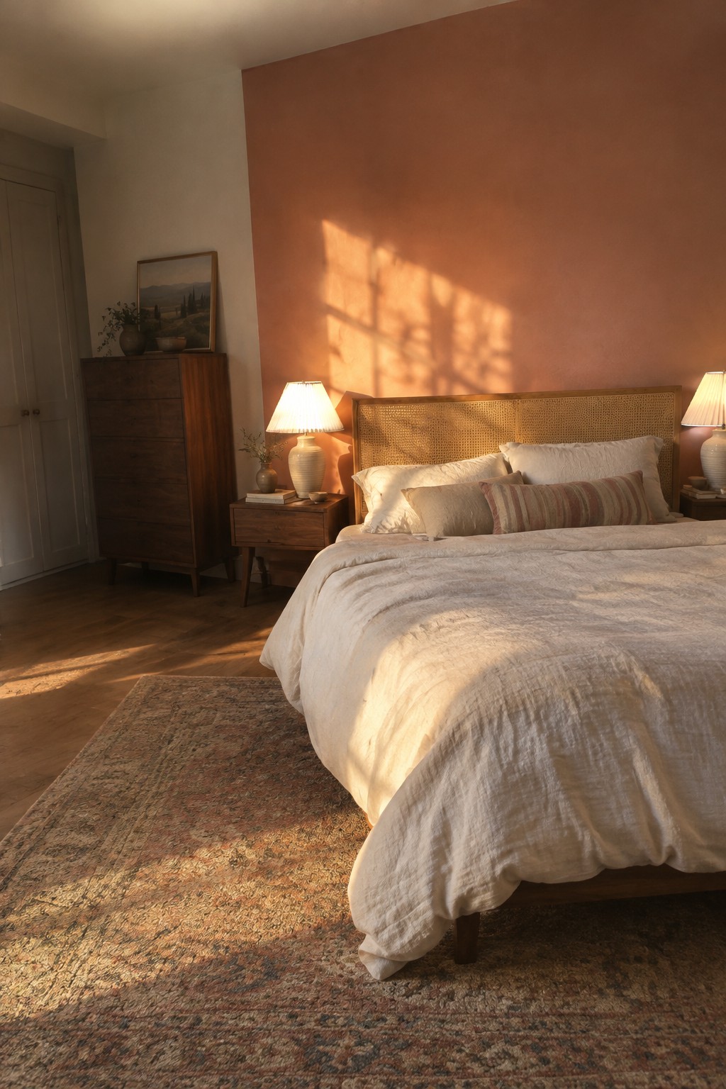 Muted terracotta paint covers the bedroom wall behind a bed with a woven wood headboard.