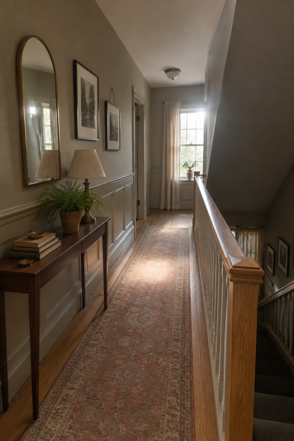 Pale greige paint covers the upper walls of a narrow upstairs hallway above white paneling.