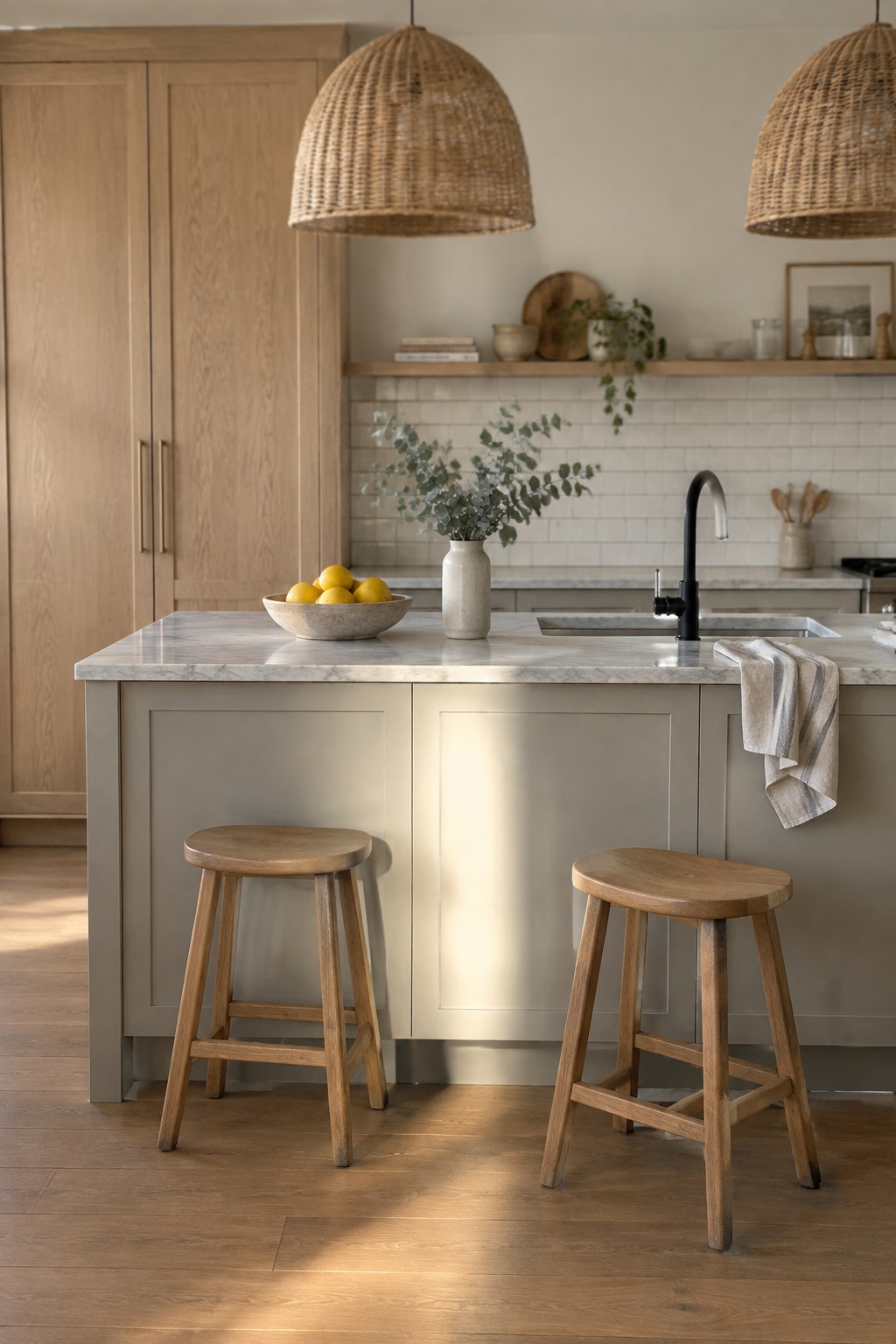Warm greige painted kitchen island beside light oak cabinets.