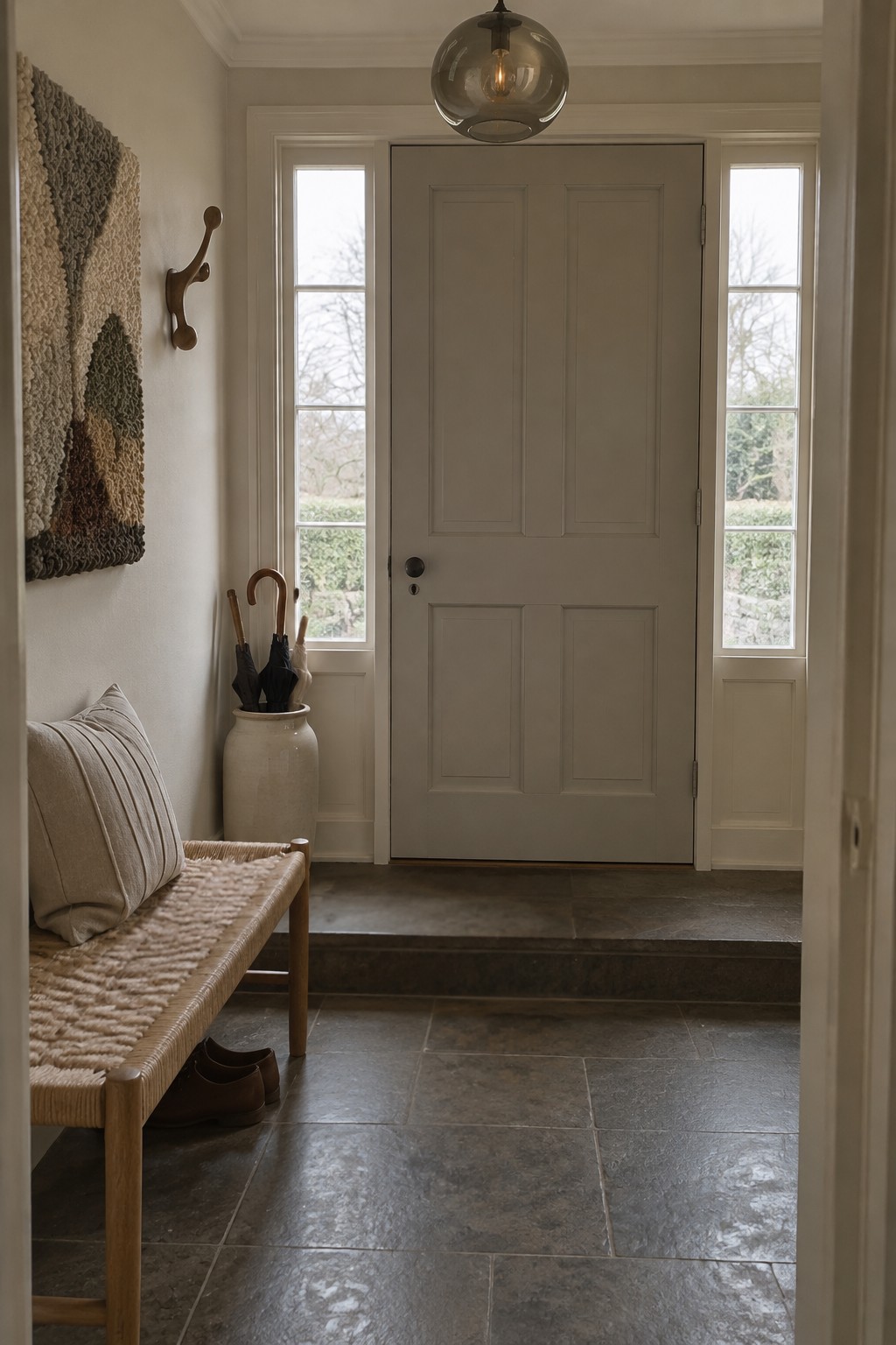 A warm greige painted front door in an entry with narrow side windows and a dark stone floor.
